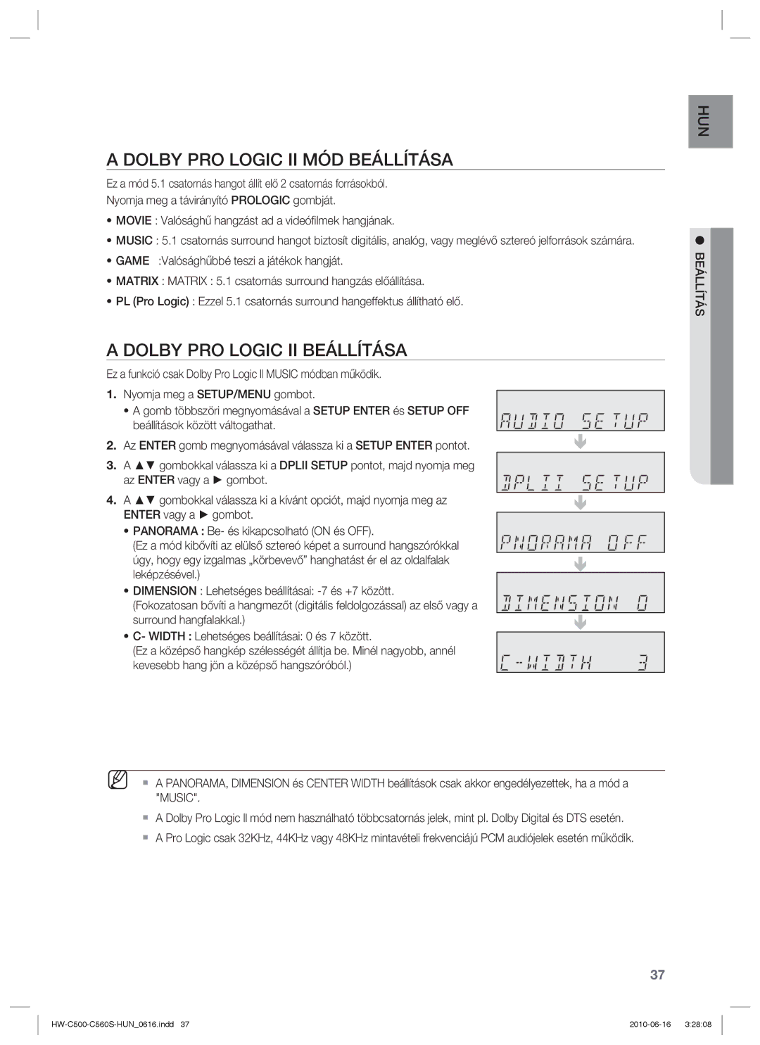 Samsung HW-C500/EDC, HW-C560S/EDC, HW-C560S/XEE manual Dolby PRO Logic II MÓD Beállítása, Dolby PRO Logic II Beállítása 