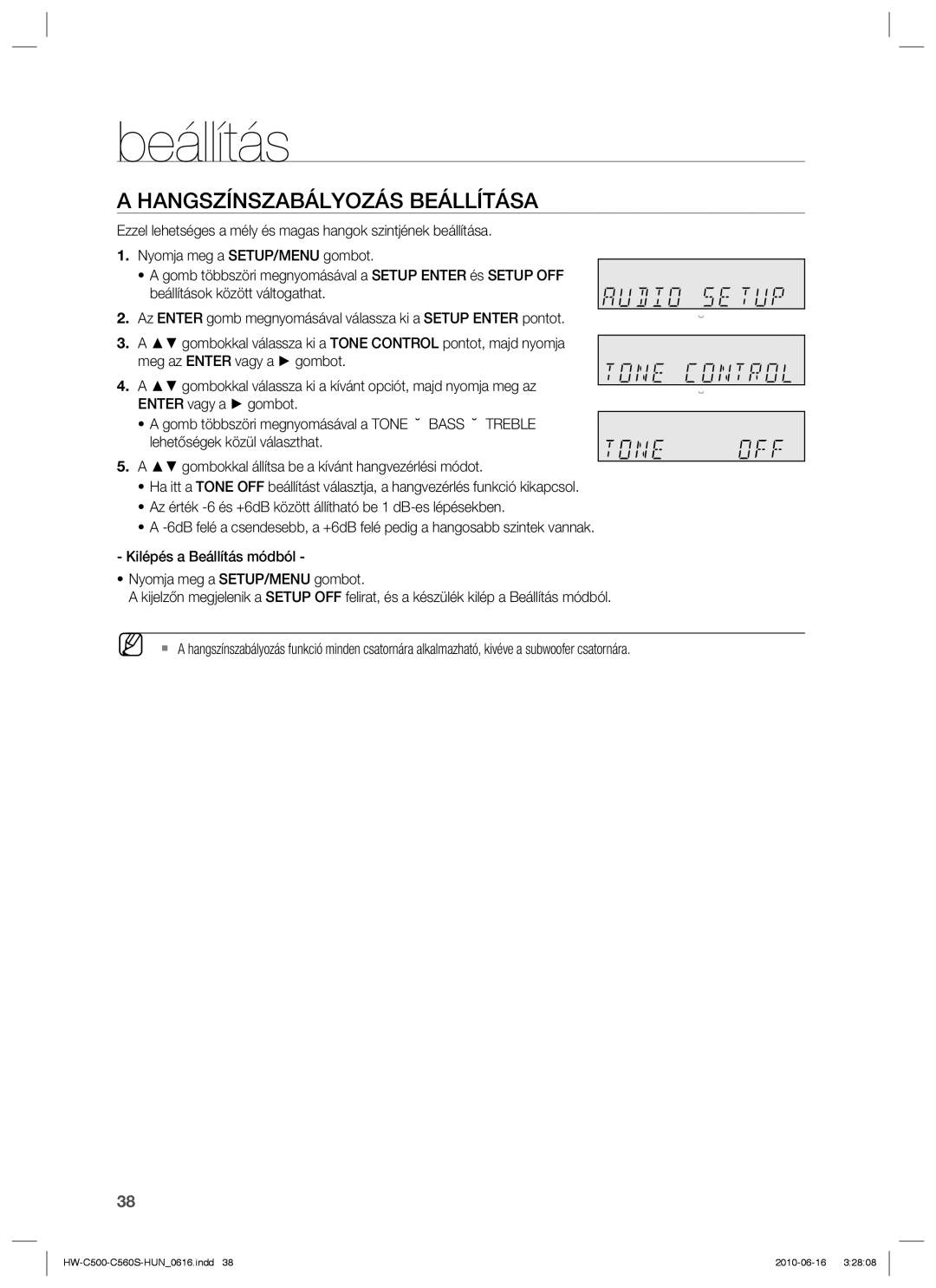 Samsung HW-C560S/XEE, HW-C560S/EDC, HW-C500/EDC, HW-C500/XEE manual Hangszínszabályozás Beállítása 