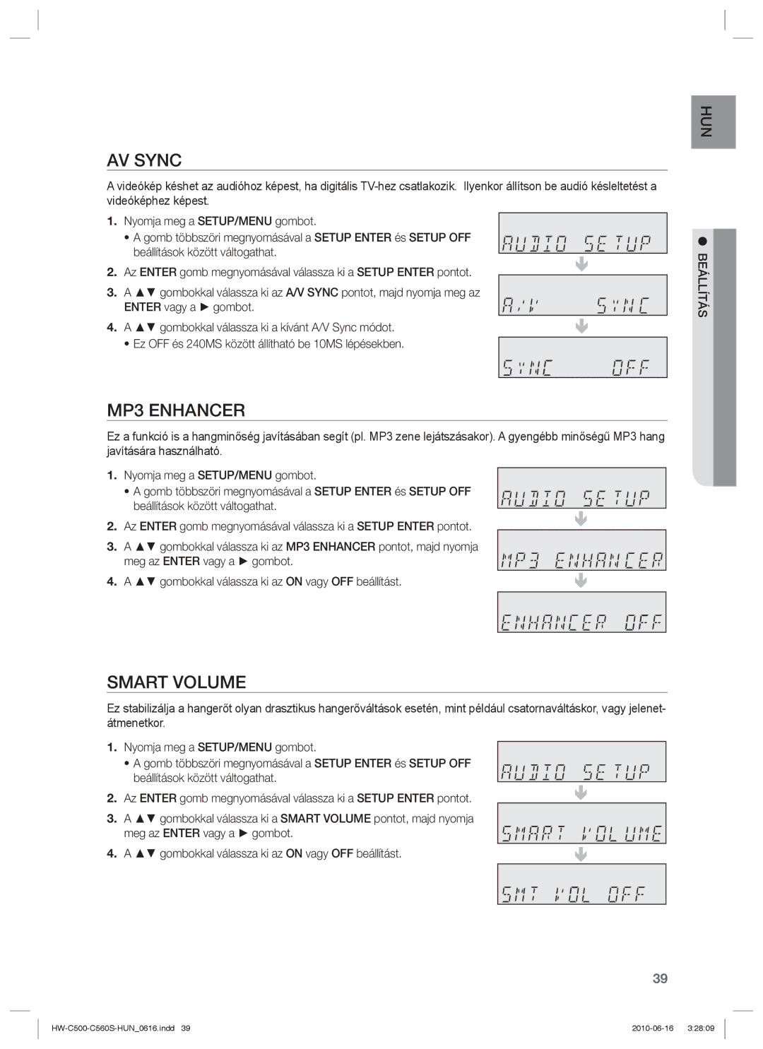 Samsung HW-C500/XEE, HW-C560S/EDC, HW-C500/EDC, HW-C560S/XEE manual AV Sync, MP3 Enhancer, Smart Volume 