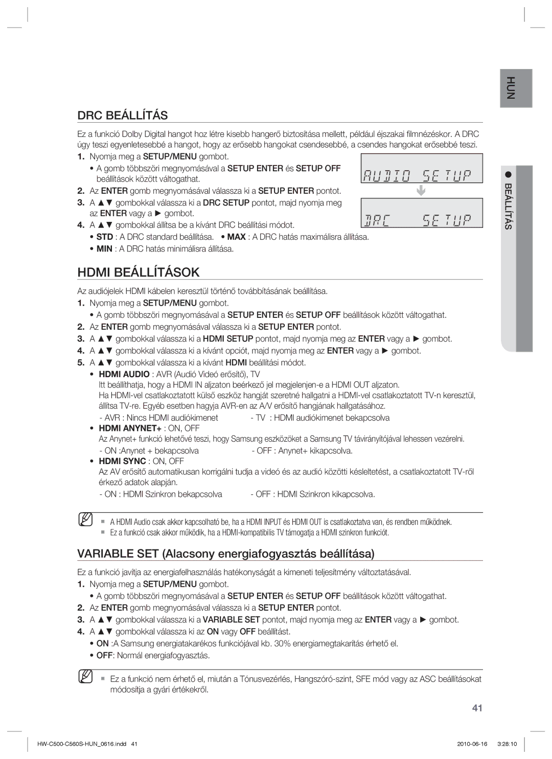 Samsung HW-C500/EDC, HW-C560S/EDC, HW-C560S/XEE manual Hdmi Beállítások, Variable SET Alacsony energiafogyasztás beállítása 