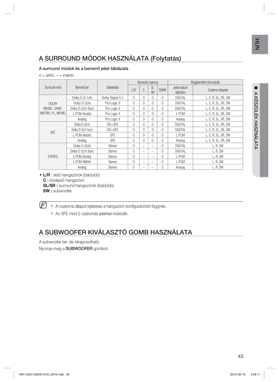 Samsung HW-C500/XEE manual Surround Módok Használata Folytatás, Subwoofer Kiválasztó Gomb Használata, Készülék Használata 