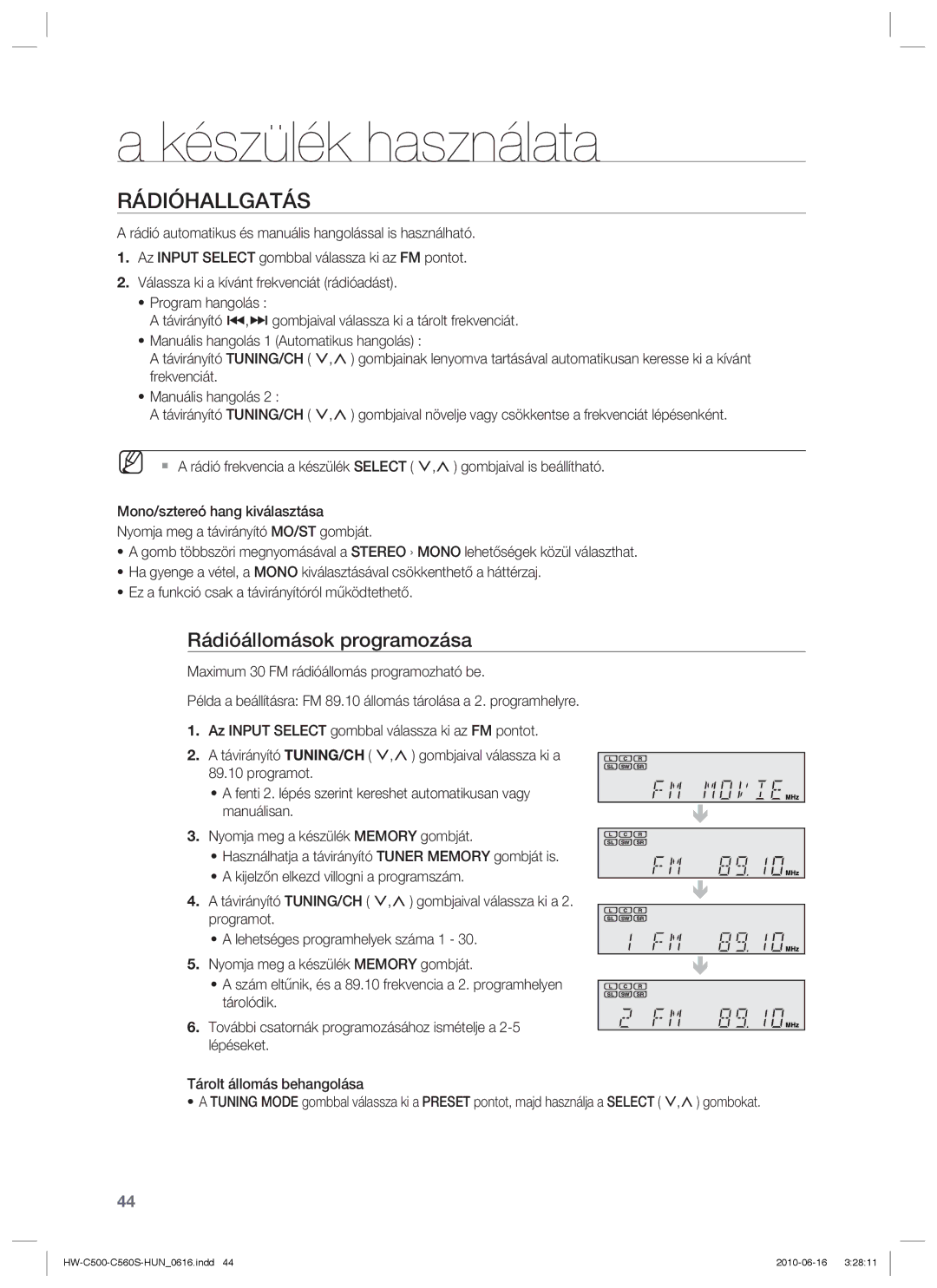 Samsung HW-C560S/EDC, HW-C500/EDC, HW-C560S/XEE, HW-C500/XEE manual Rádióhallgatás, Rádióállomások programozása 