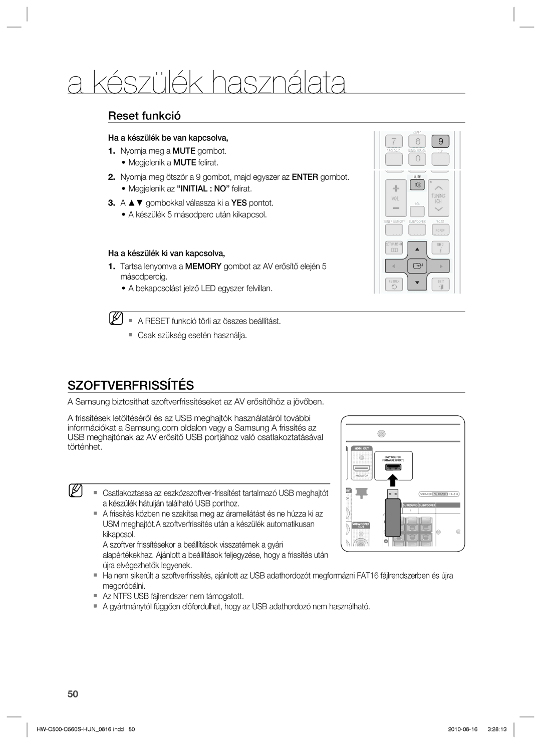 Samsung HW-C560S/XEE, HW-C560S/EDC, HW-C500/EDC, HW-C500/XEE manual Szoftverfrissítés, Reset funkció 