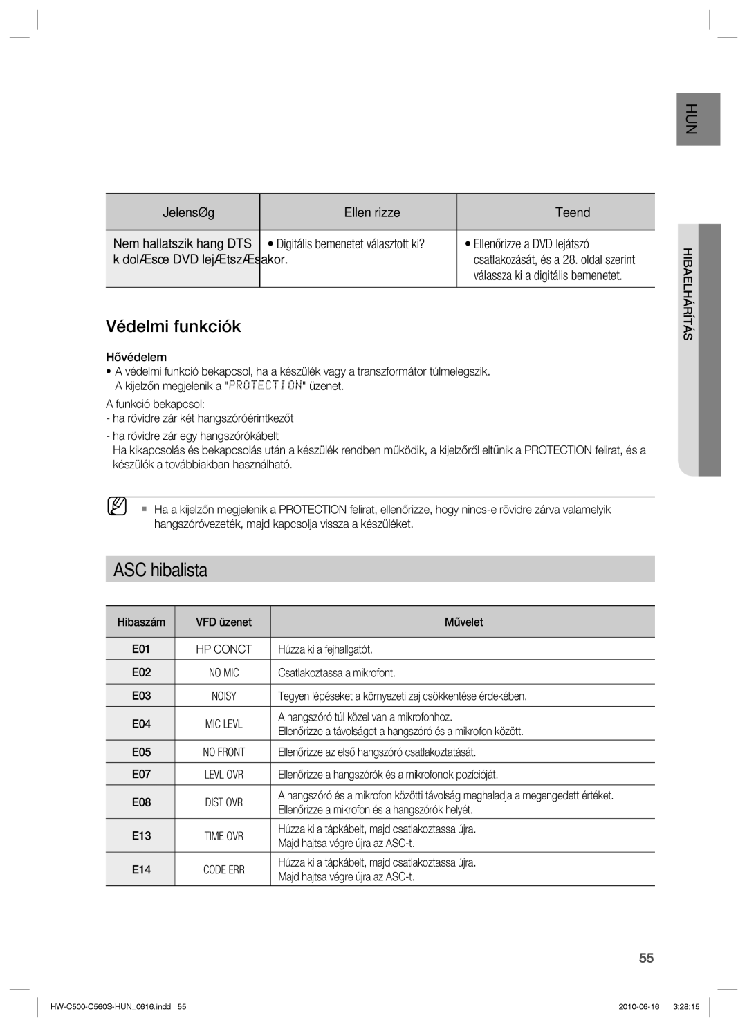 Samsung HW-C500/XEE, HW-C560S/EDC, HW-C500/EDC, HW-C560S/XEE manual Védelmi funkciók, Hibaelhárítás 