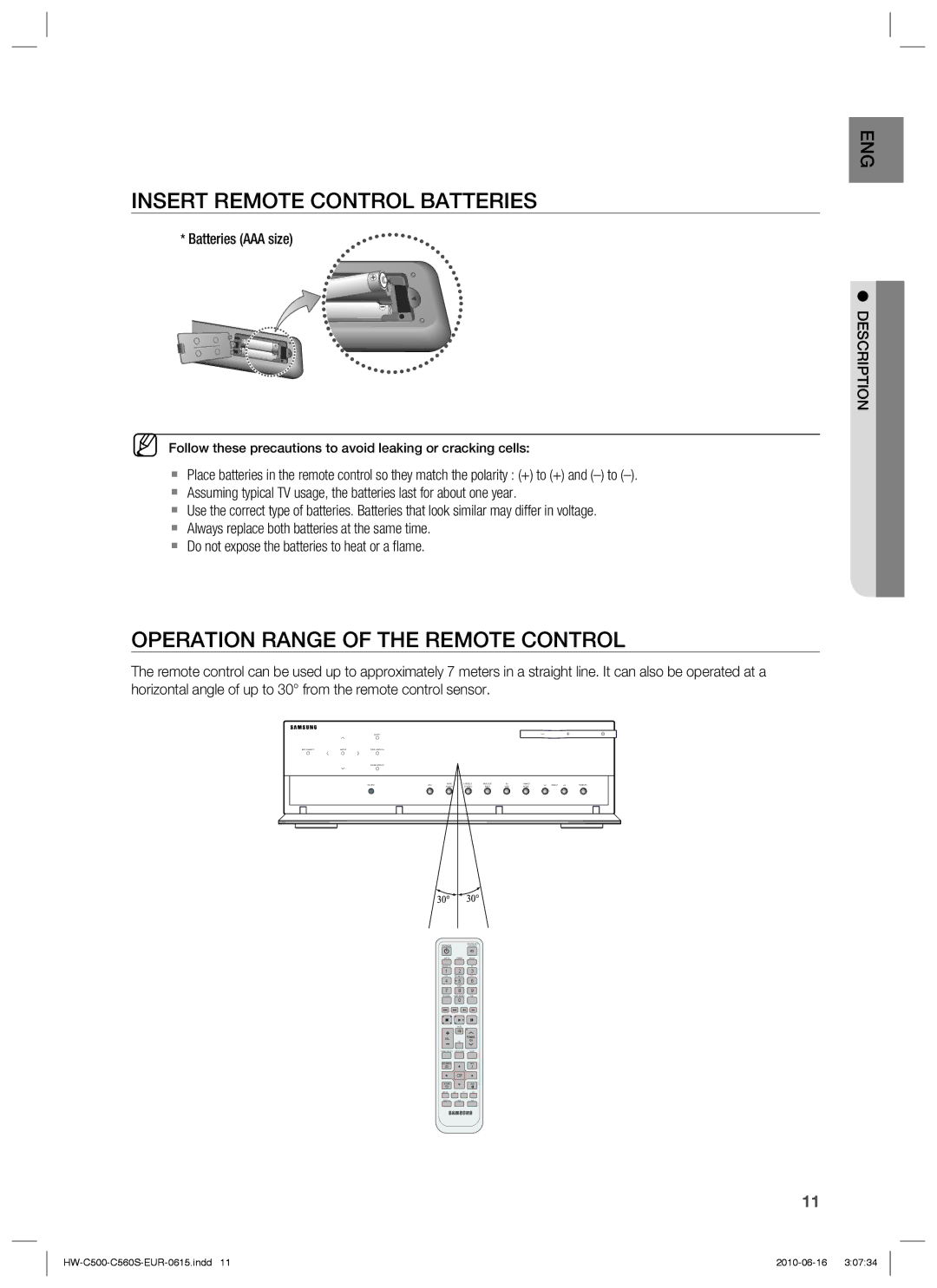 Samsung HW-C500/XEN, HW-C560S/EDC, HW-C500/EDC manual Insert Remote Control Batteries, Operation Range of the Remote Control 