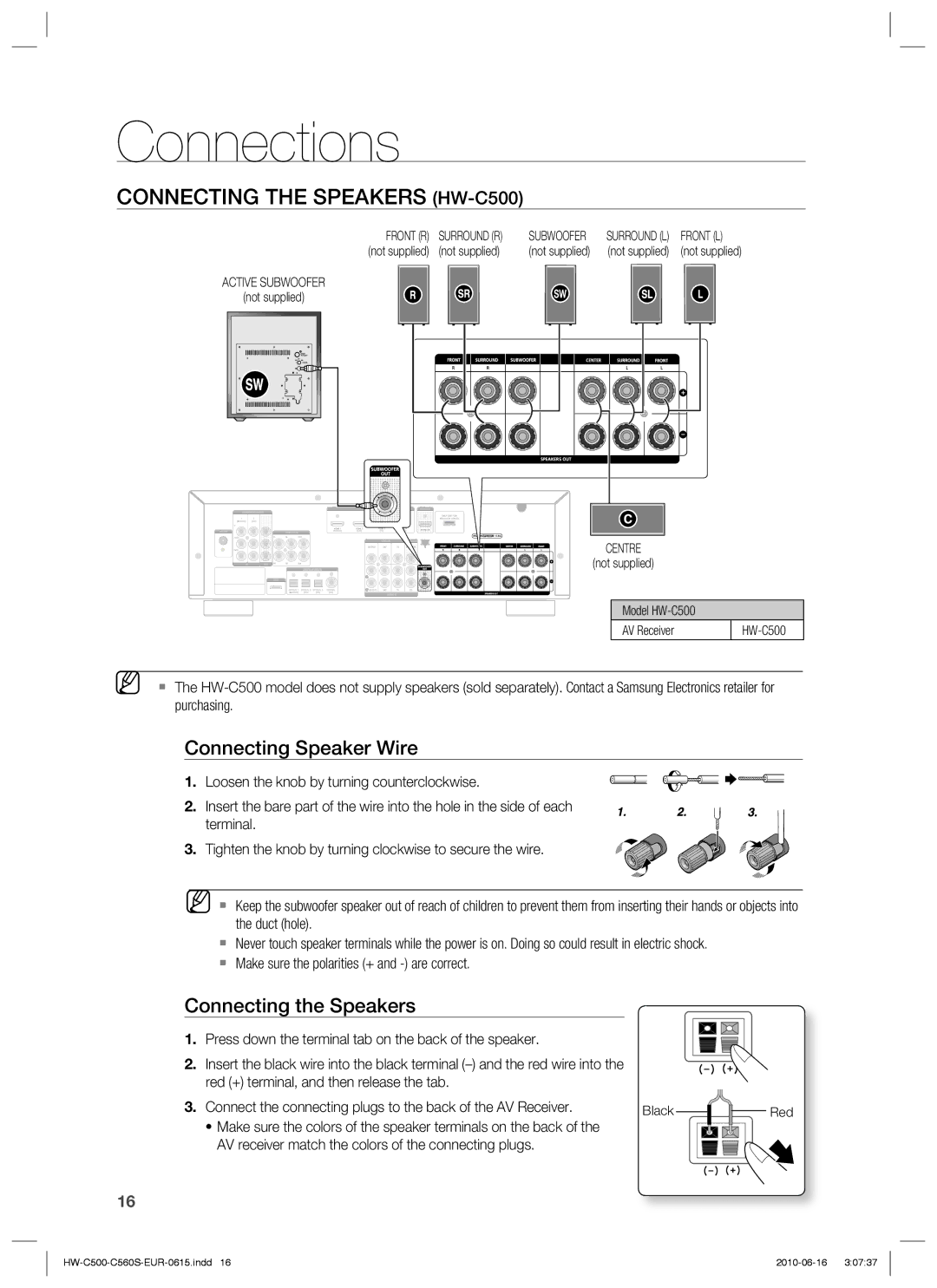 Samsung HW-C560S/EDC, HW-C500/EDC, HW-C560S/XEN, HW-C500/XEN manual Connecting the Speakers HW-C500, Connecting Speaker Wire 