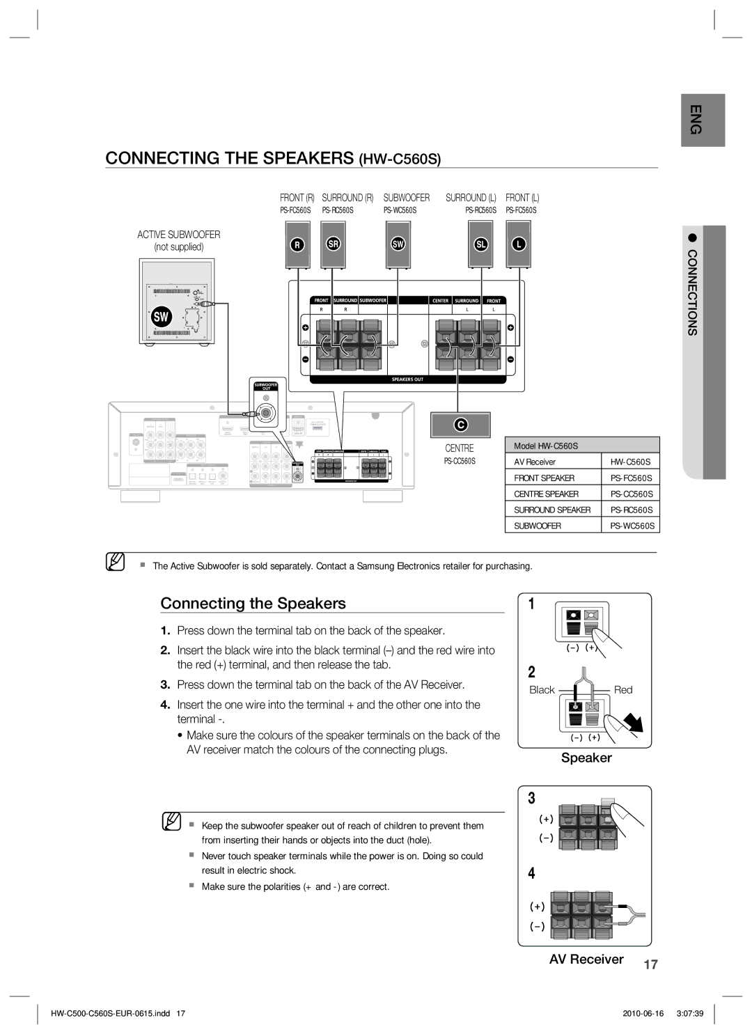 Samsung HW-C500/EDC, HW-C560S/EDC, HW-C560S/XEN, HW-C500/XEN, HW-C560S/XEE, HW-C560S/XEF manual Connecting the Speakers HW-C560S 