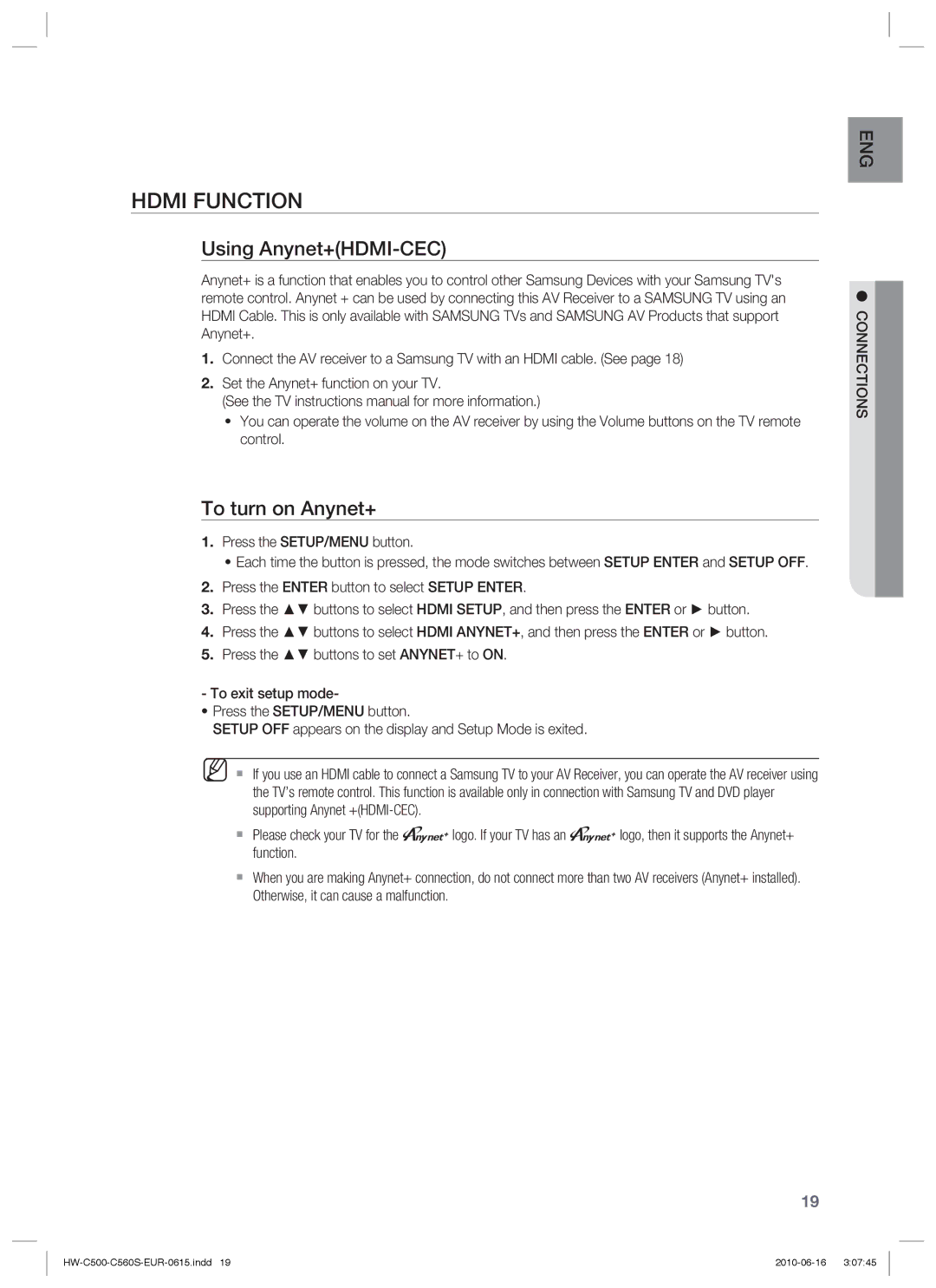 Samsung HW-C500/XEN, HW-C560S/EDC Hdmi Function, Using Anynet+HDMI-CEC, To turn on Anynet+, Press the SETUP/MENU button 