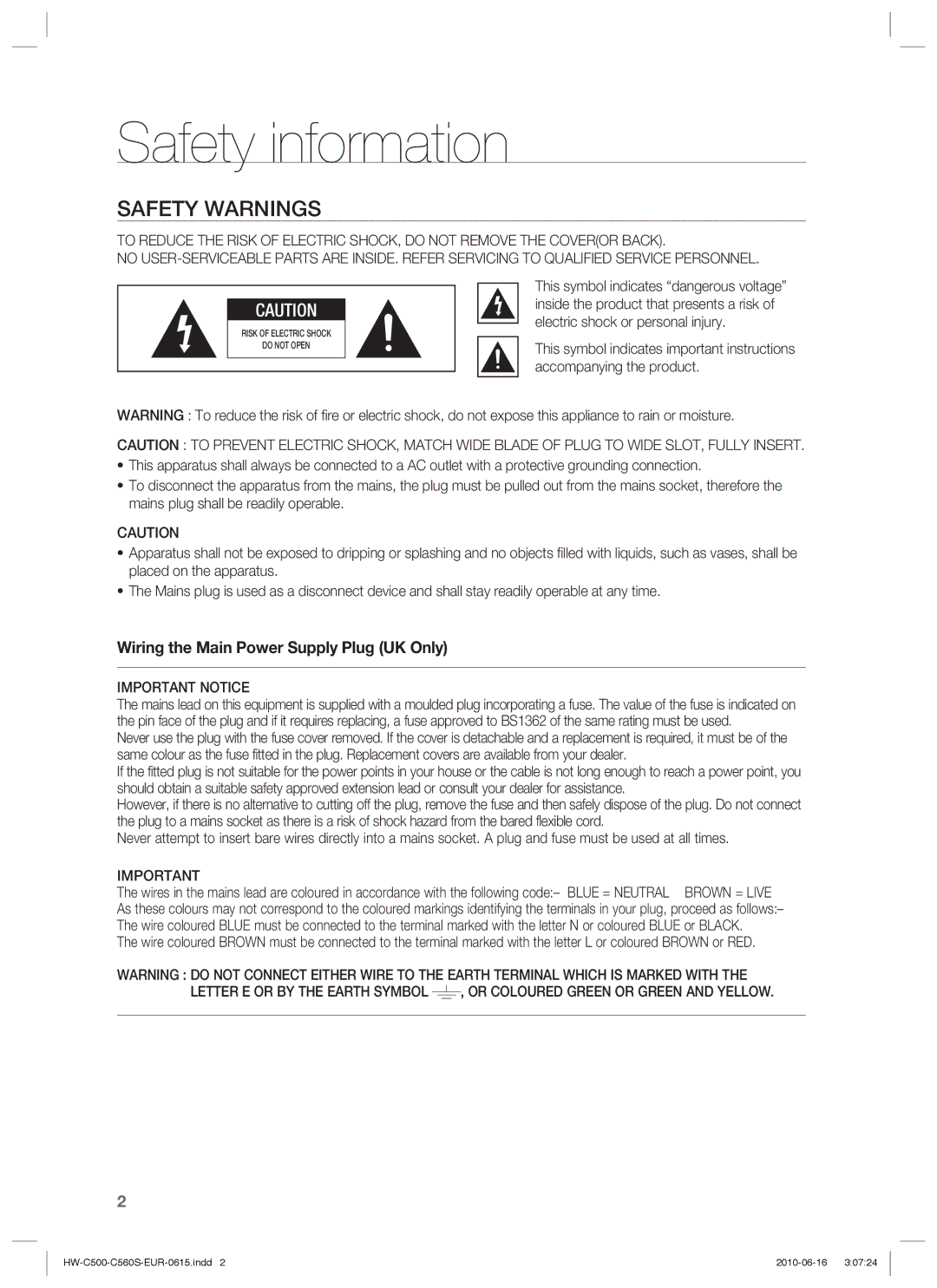 Samsung HW-C560S/XEN, HW-C560S/EDC, HW-C500/EDC, HW-C500/XEN manual Safety information, Safety Warnings, Important Notice 