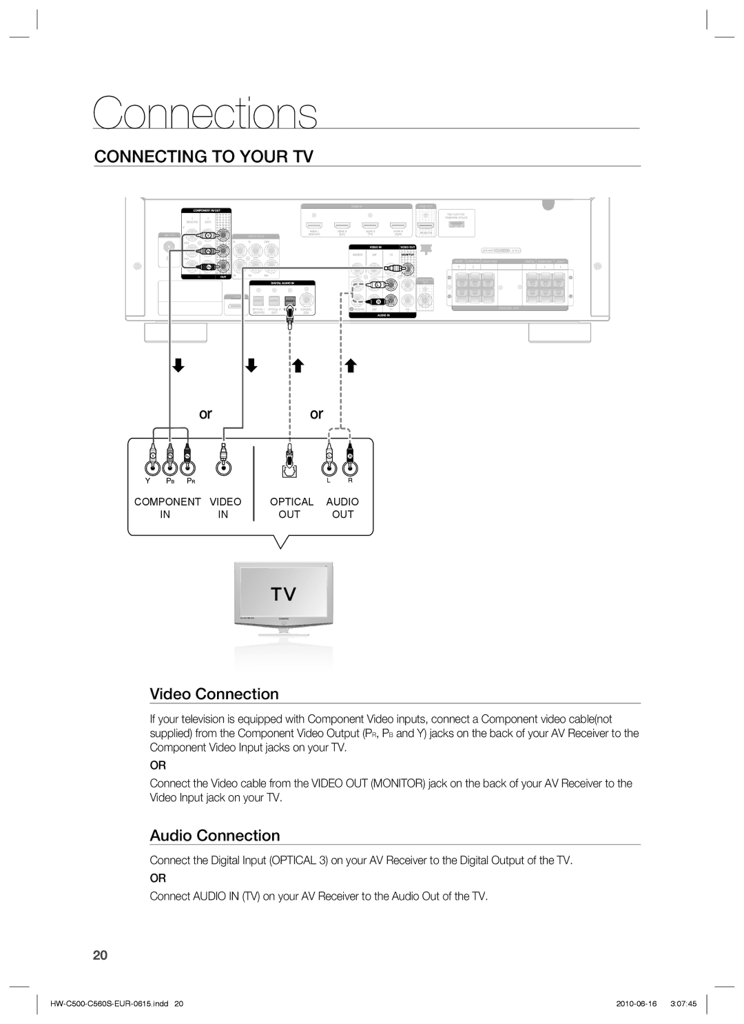 Samsung HW-C560S/XEE, HW-C560S/EDC, HW-C500/EDC, HW-C560S/XEN manual Connecting to Your TV, Video Connection, Audio Connection 