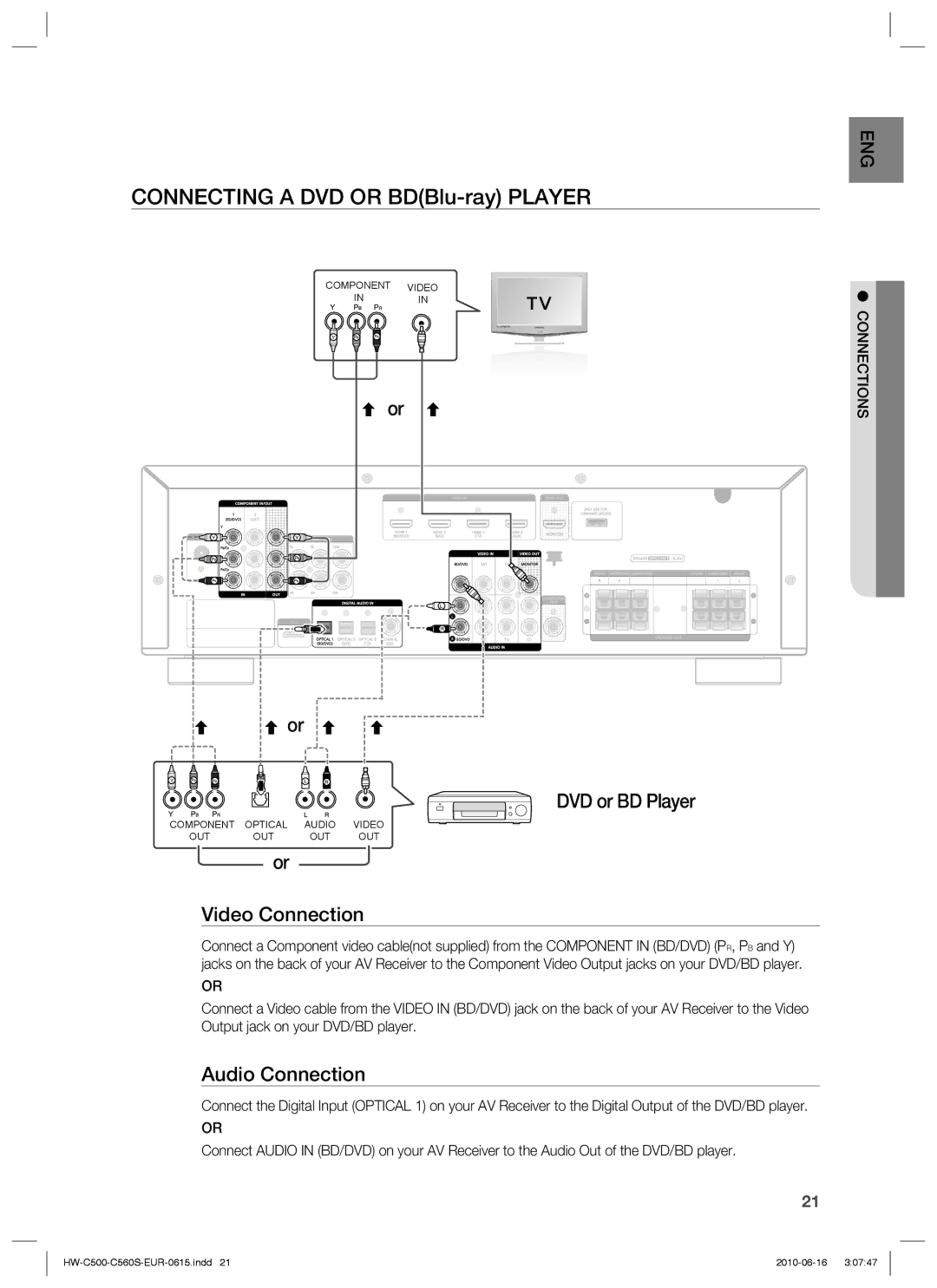 Samsung HW-C560S/XEF, HW-C560S/EDC, HW-C500/EDC, HW-C560S/XEN manual Connecting a DVD or BDBlu-ray Player, DVD or BD Player 