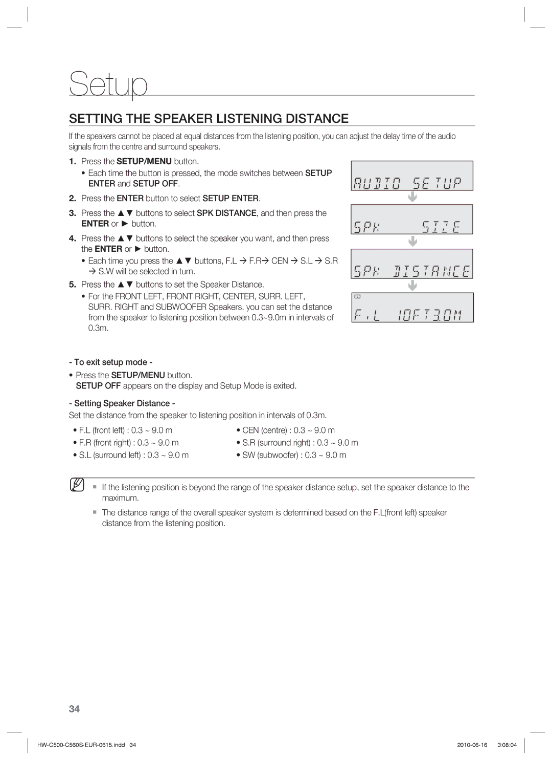 Samsung HW-C560S/XEN, HW-C560S/EDC, HW-C500/EDC, HW-C500/XEN, HW-C560S/XEE, HW-C500/XEE Setting the Speaker Listening Distance 