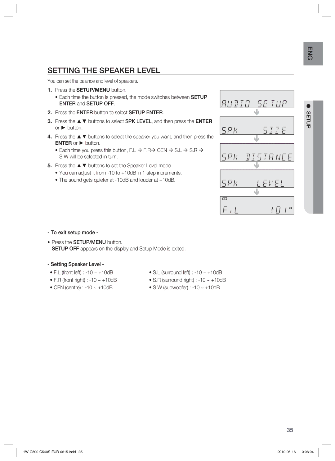 Samsung HW-C500/XEN, HW-C560S/EDC, HW-C500/EDC, HW-C560S/XEN manual Setting the Speaker Level, +10dB Subwoofer -10 ~ +10dB 