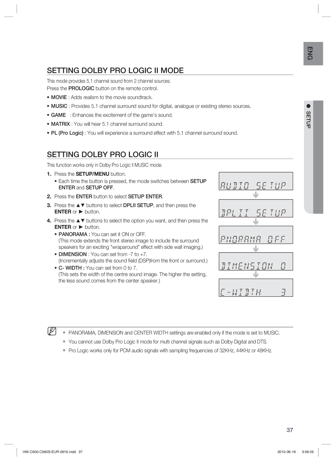 Samsung HW-C560S/XEF Setting Dolby PRO Logic II Mode, Dimension You can set from -7 to +7, Width You can set from 0 to 