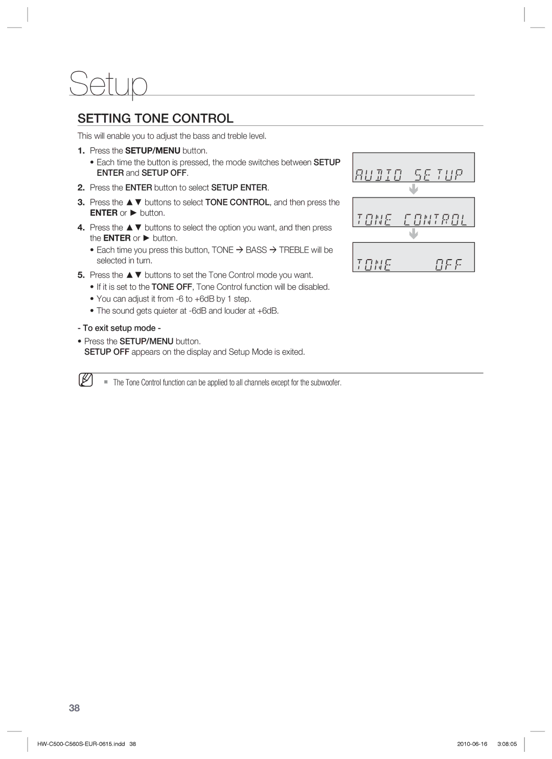 Samsung HW-C500/XEE, HW-C560S/EDC, HW-C500/EDC, HW-C560S/XEN, HW-C500/XEN, HW-C560S/XEE, HW-C560S/XEF manual Setting Tone Control 