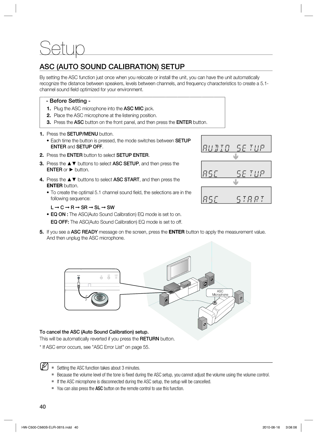 Samsung HW-C560S/EDC, HW-C500/EDC manual ASC Auto Sound Calibration Setup, To cancel the ASC Auto Sound Calibration setup 