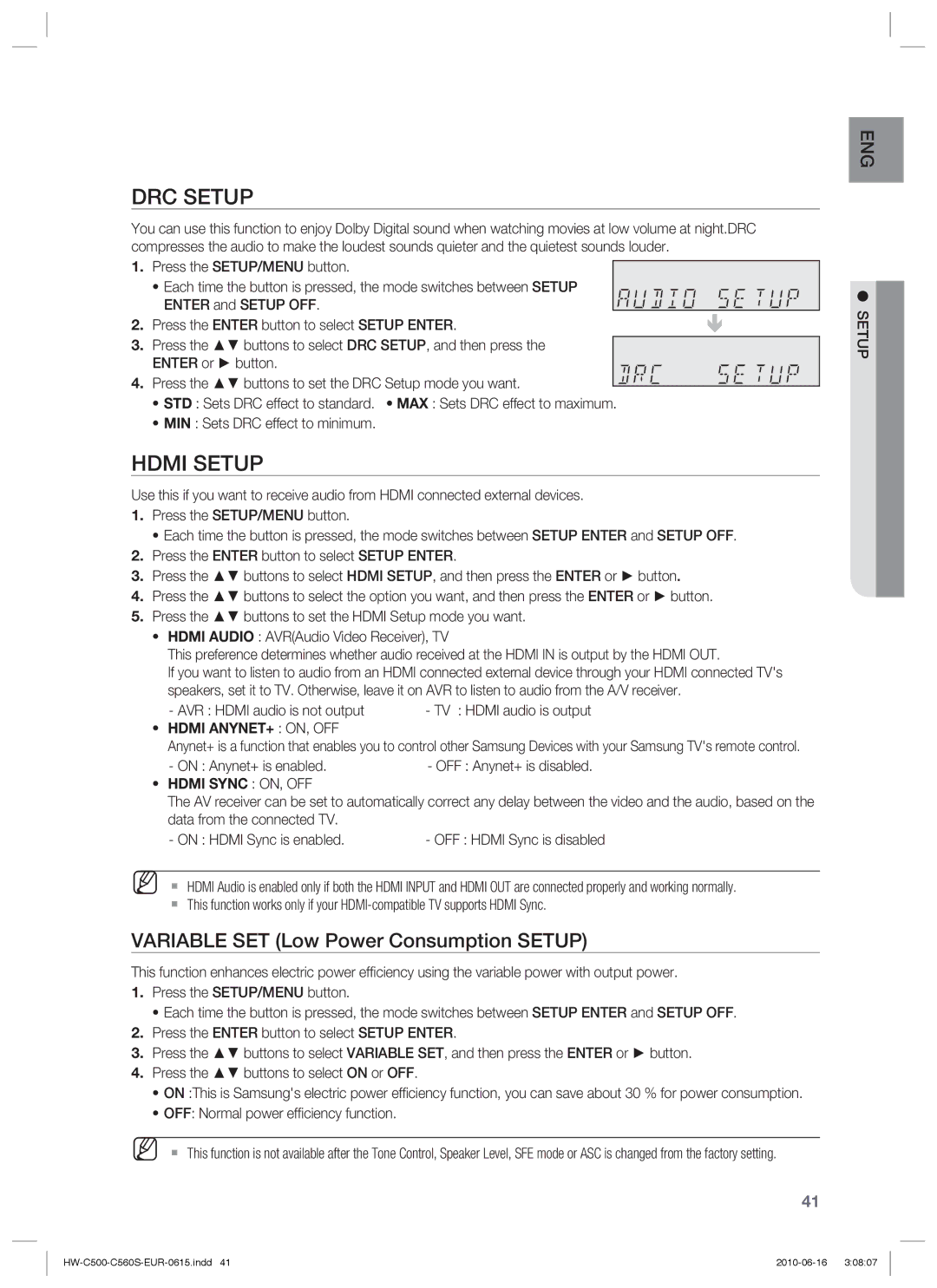 Samsung HW-C500/EDC, HW-C560S/EDC, HW-C560S/XEN, HW-C500/XEN DRC Setup, Hdmi Setup, Variable SET Low Power Consumption Setup 