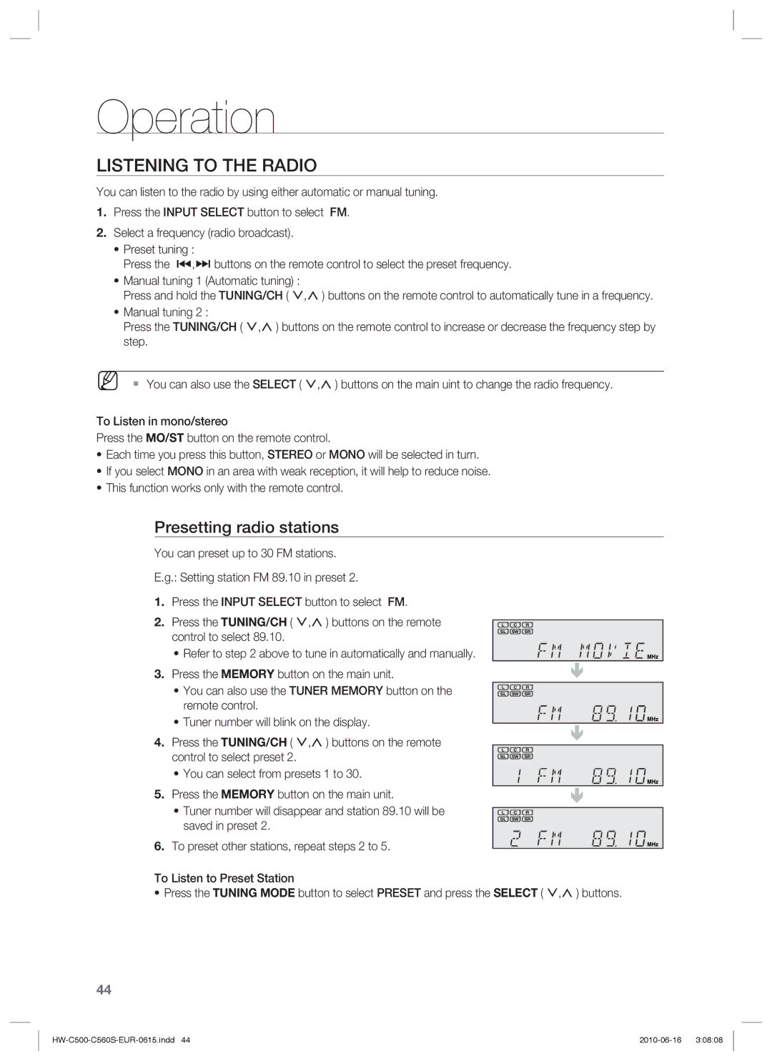 Samsung HW-C560S/XEE, HW-C560S/EDC, HW-C500/EDC, HW-C560S/XEN, HW-C500/XEN Listening to the Radio, Presetting radio stations 