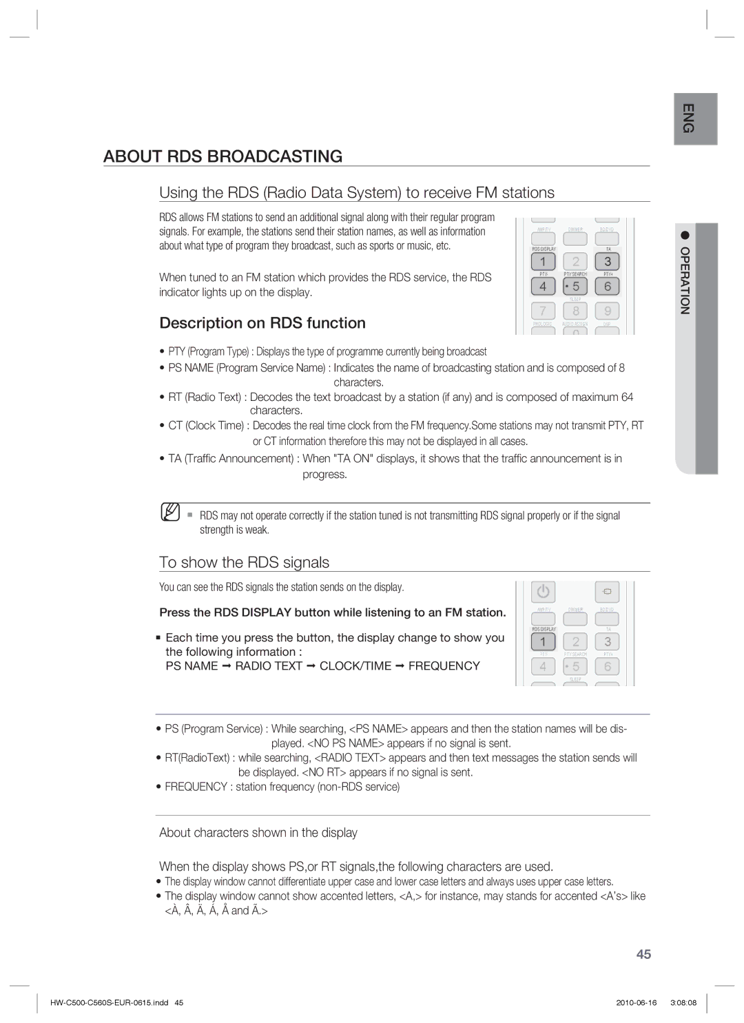 Samsung HW-C560S/XEF, HW-C560S/EDC manual About RDS Broadcasting, Using the RDS Radio Data System to receive FM stations 