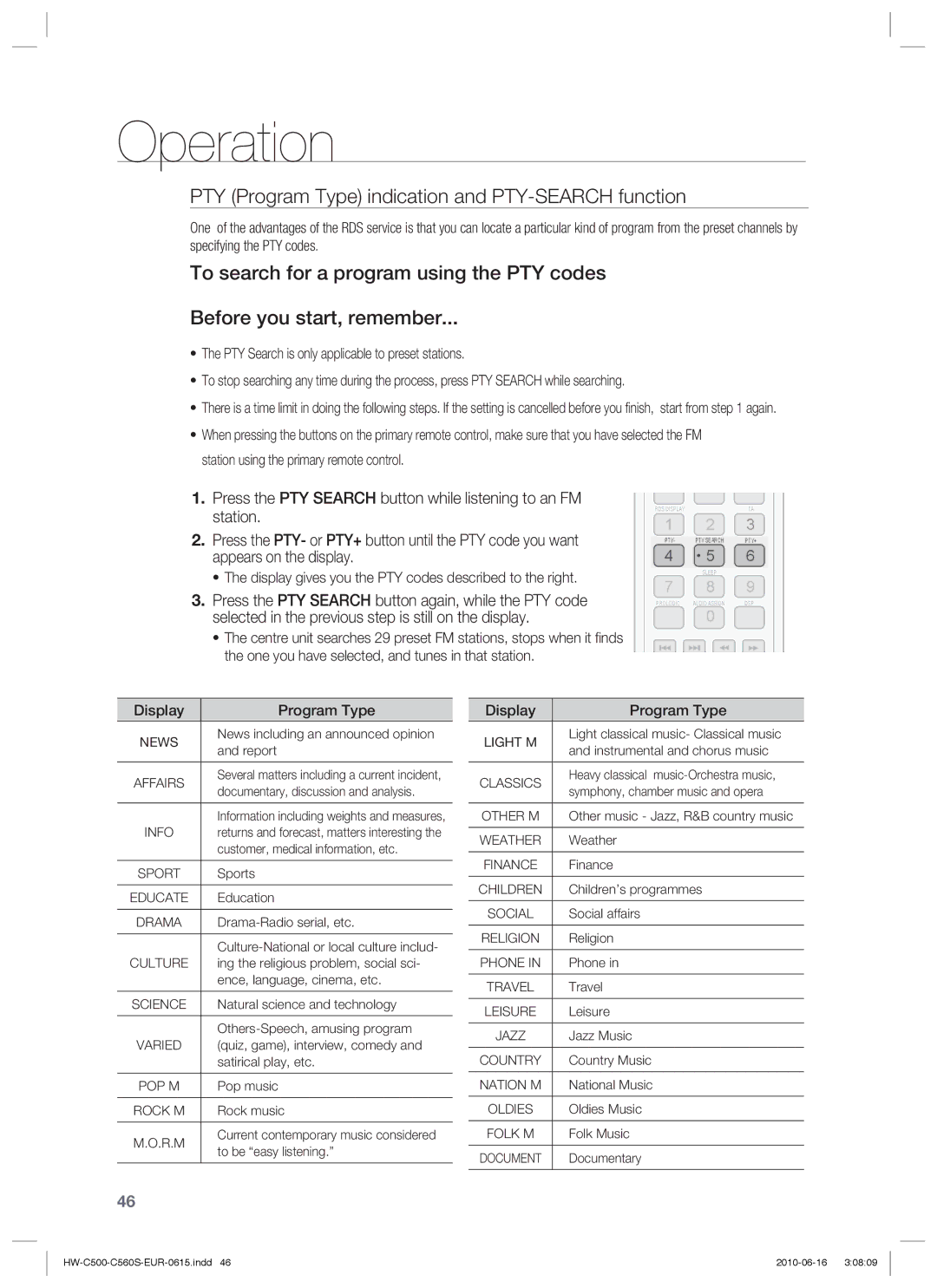 Samsung HW-C500/XEE, HW-C560S/EDC, HW-C500/EDC PTY Program Type indication and PTY-SEARCH function, Display Program Type 