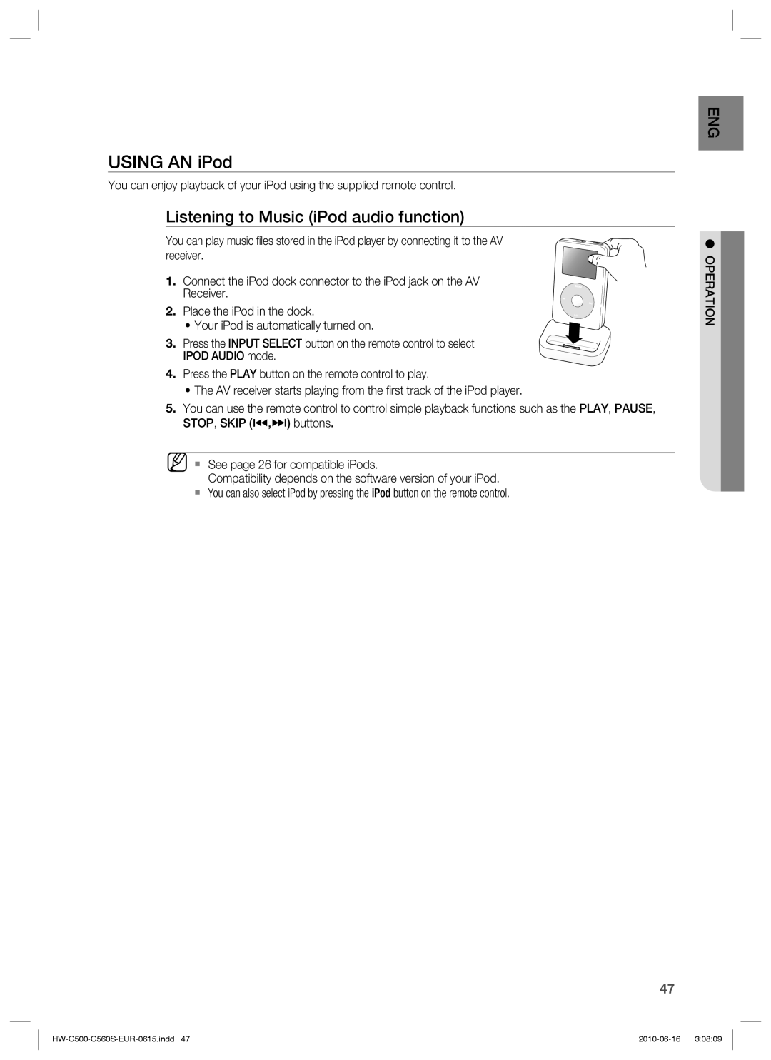 Samsung HW-C500/XEF, HW-C560S/EDC, HW-C500/EDC, HW-C560S/XEN manual Using AN iPod, Listening to Music iPod audio function 