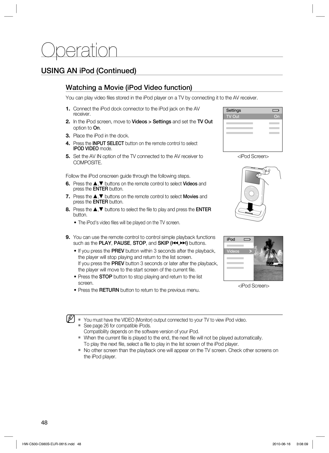 Samsung HW-C560S/EDC, HW-C500/EDC, HW-C560S/XEN, HW-C500/XEN, HW-C560S/XEE Watching a Movie iPod Video function, Composite 