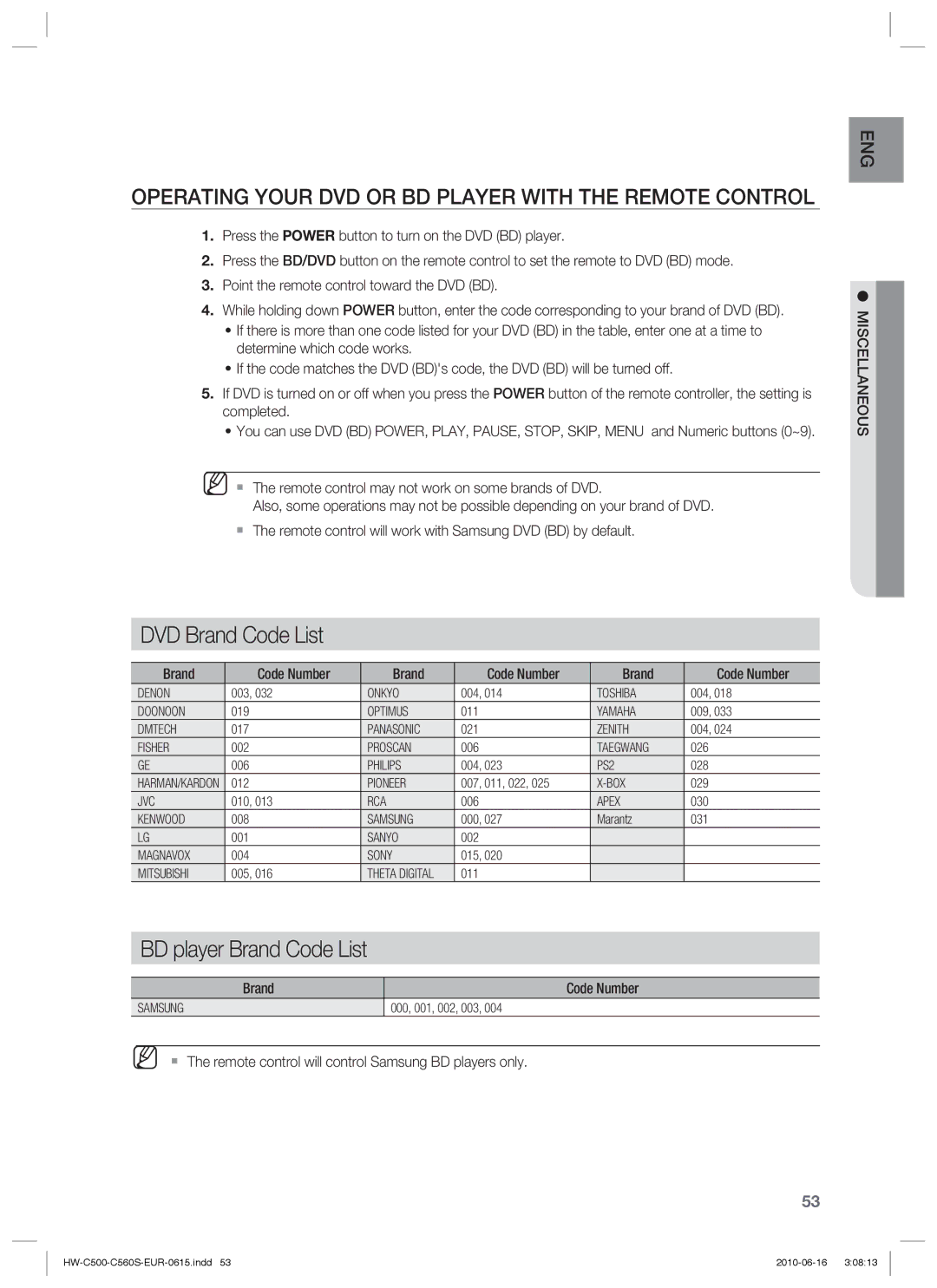 Samsung HW-C560S/XEF, HW-C560S/EDC, HW-C500/EDC, HW-C560S/XEN manual Operating Your DVD or BD Player with the Remote Control 