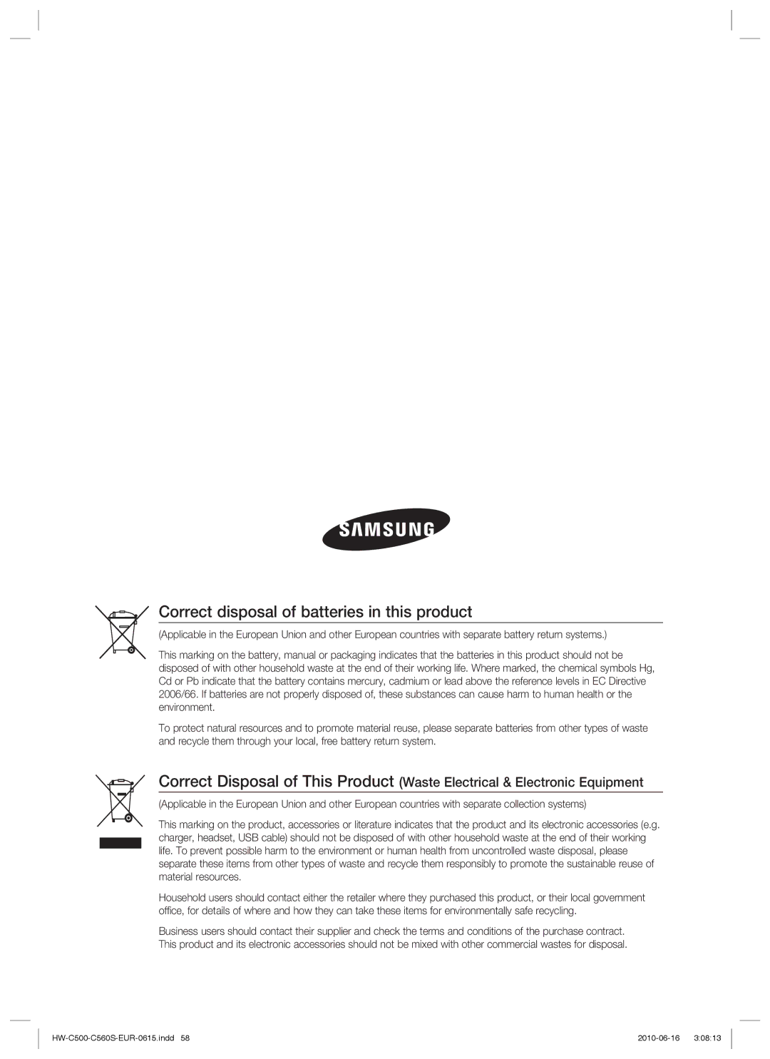 Samsung HW-C560S/XEN, HW-C560S/EDC, HW-C500/EDC, HW-C500/XEN, HW-C560S/XEE manual Correct disposal of batteries in this product 