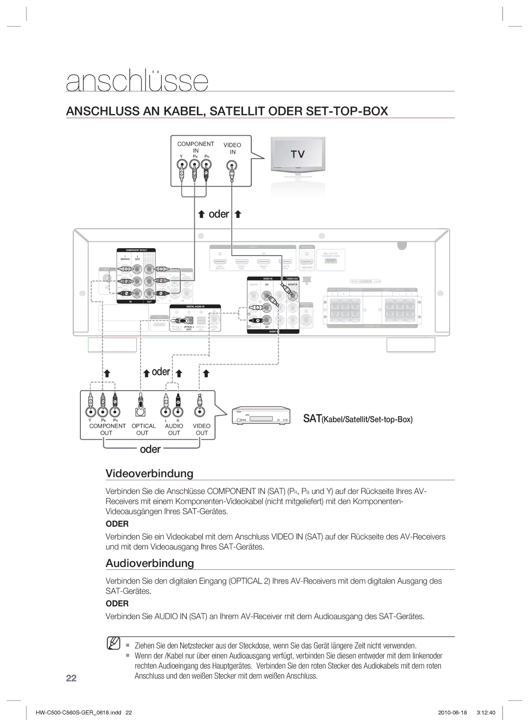 Samsung HW-C560S/XEN, HW-C560S/EDC manual Anschluss AN KABEL, Satellit Oder SET-TOP-BOX, SATKabel/Satellit/Set-top-Box 