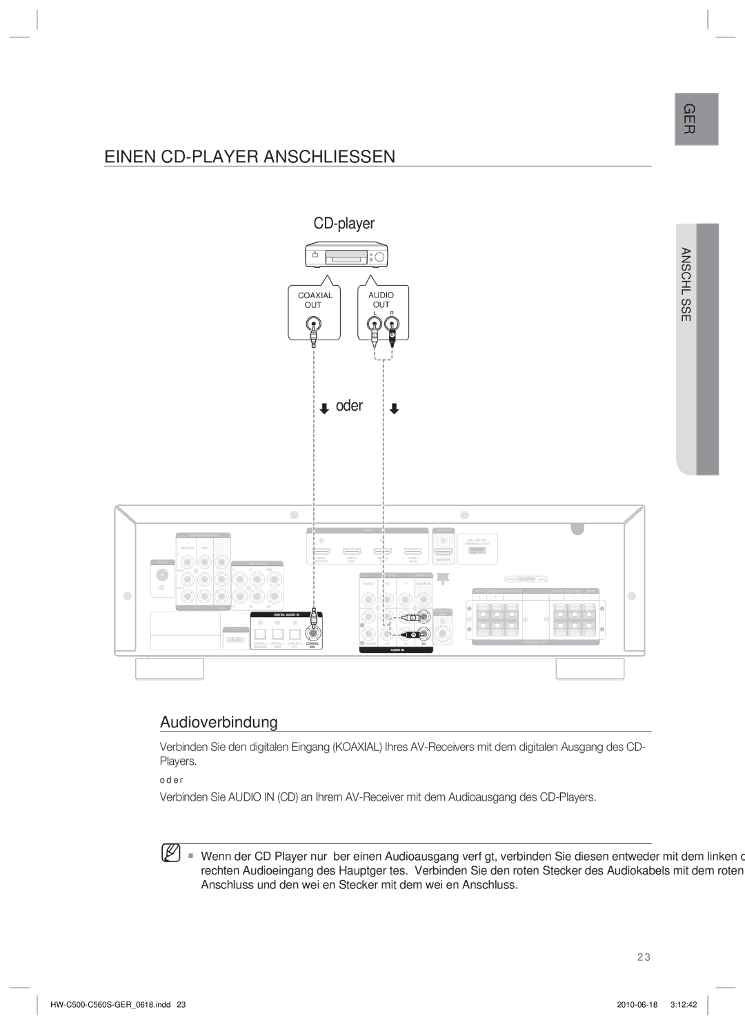 Samsung HW-C500/XEN, HW-C560S/EDC, HW-C500/EDC, HW-C560S/XEN manual Einen CD-PLAYER Anschliessen, CD-player 