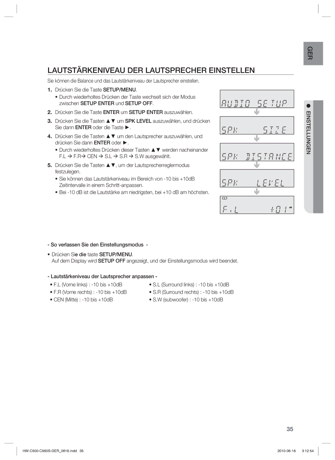 Samsung HW-C500/XEN, HW-C560S/EDC, HW-C500/EDC Lautstärkeniveau DER Lautsprecher Einstellen, Sie dann Enter oder die Taste 