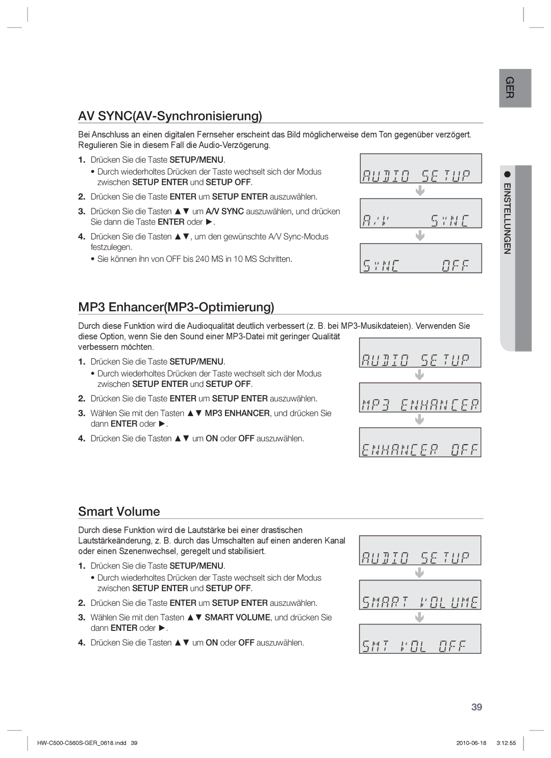 Samsung HW-C500/XEN, HW-C560S/EDC, HW-C500/EDC manual AV SYNCAV-Synchronisierung, MP3 EnhancerMP3-Optimierung, Smart Volume 