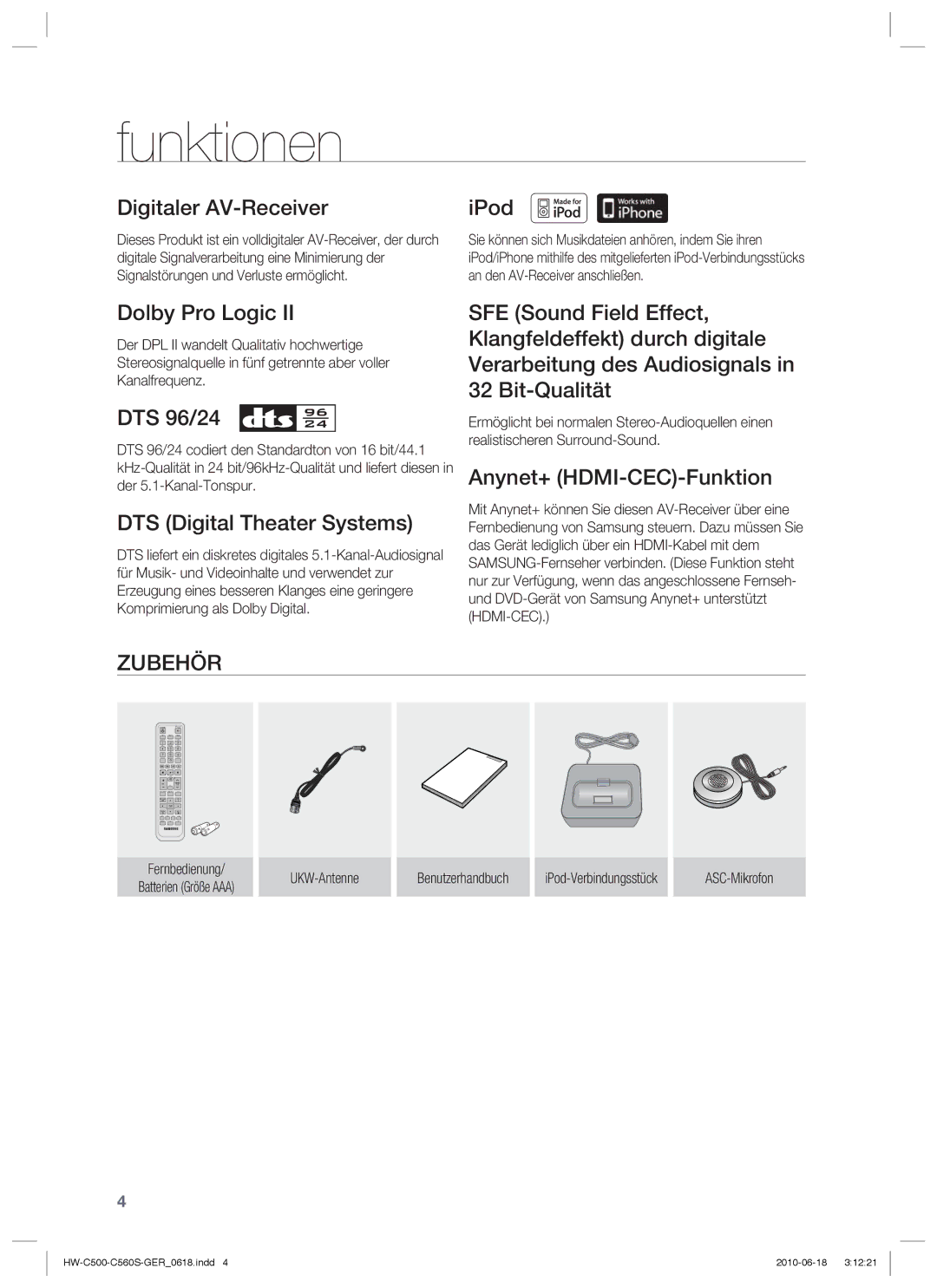 Samsung HW-C560S/EDC, HW-C500/EDC, HW-C560S/XEN, HW-C500/XEN manual Funktionen, Zubehör 