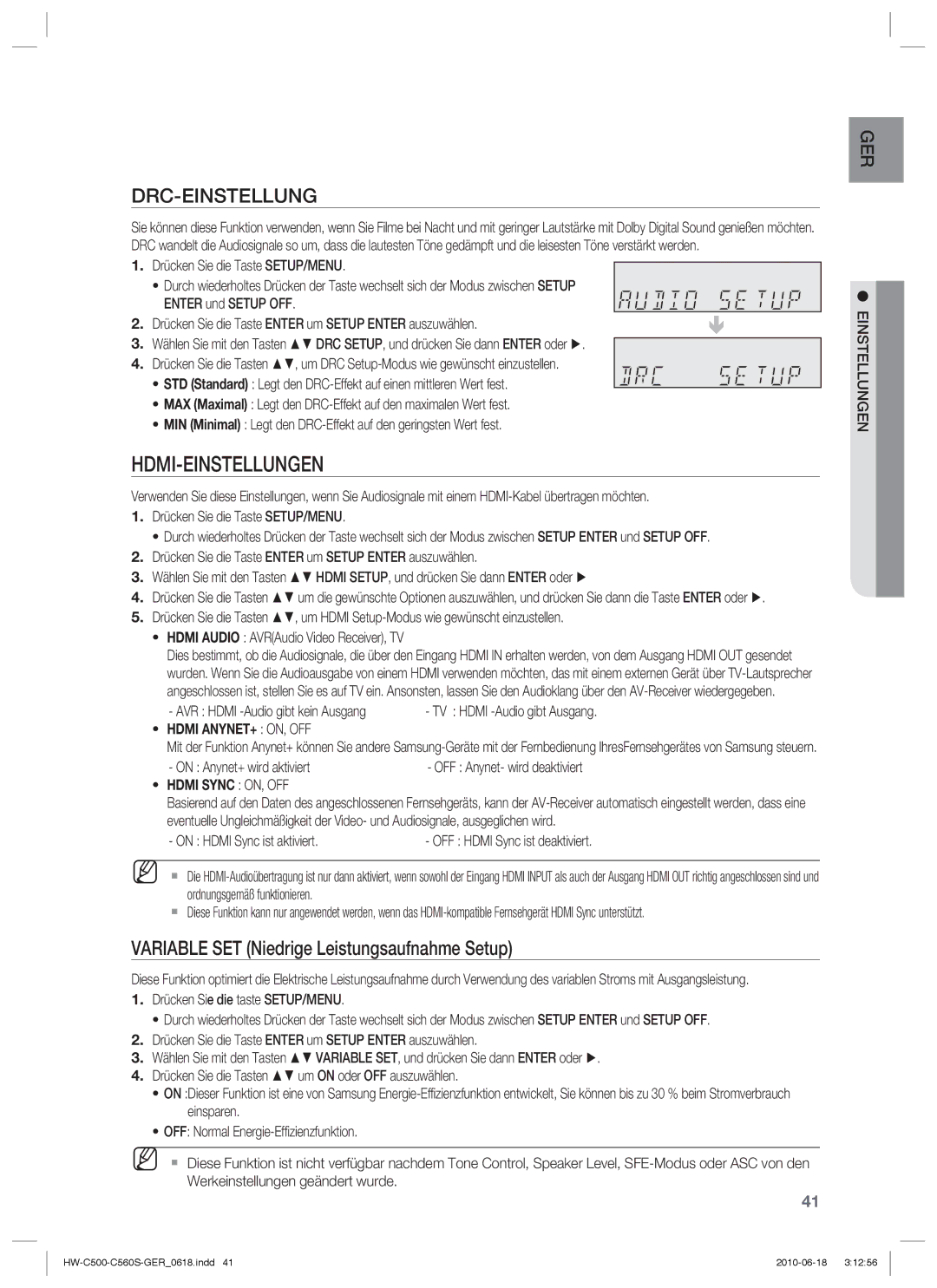 Samsung HW-C500/EDC manual Hdmi-Einstellungen, Variable SET Niedrige Leistungsaufnahme Setup, On Anynet+ wird aktiviert 