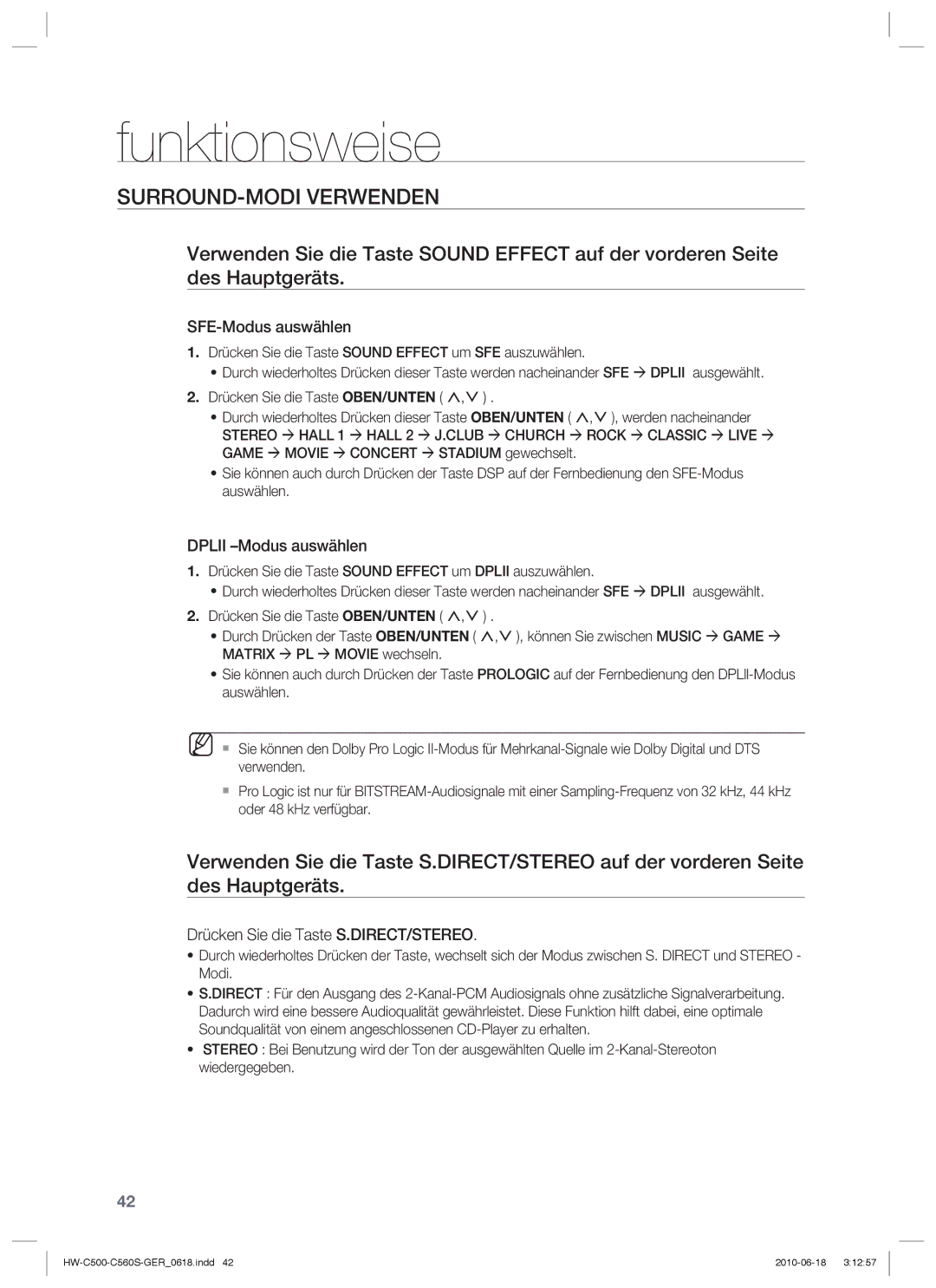 Samsung HW-C560S/XEN, HW-C560S/EDC, HW-C500/EDC, HW-C500/XEN manual Funktionsweise, SURROUND-MODI Verwenden 