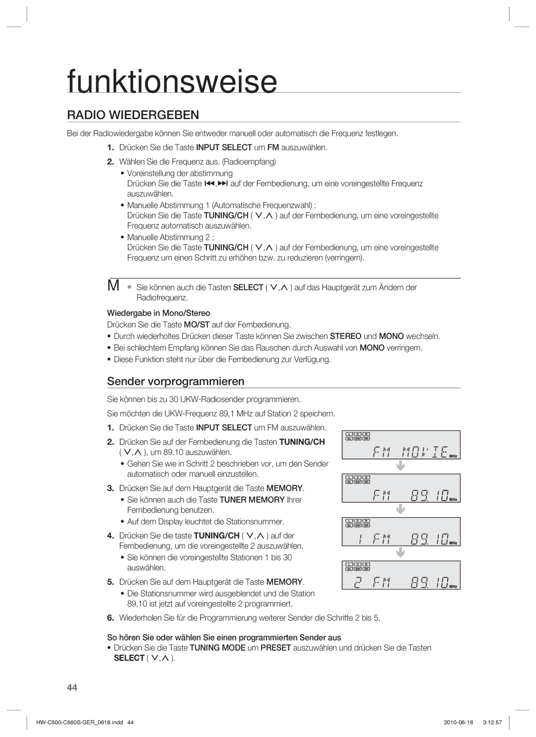 Samsung HW-C560S/EDC, HW-C500/EDC, HW-C560S/XEN, HW-C500/XEN manual Radio Wiedergeben, Sender vorprogrammieren 