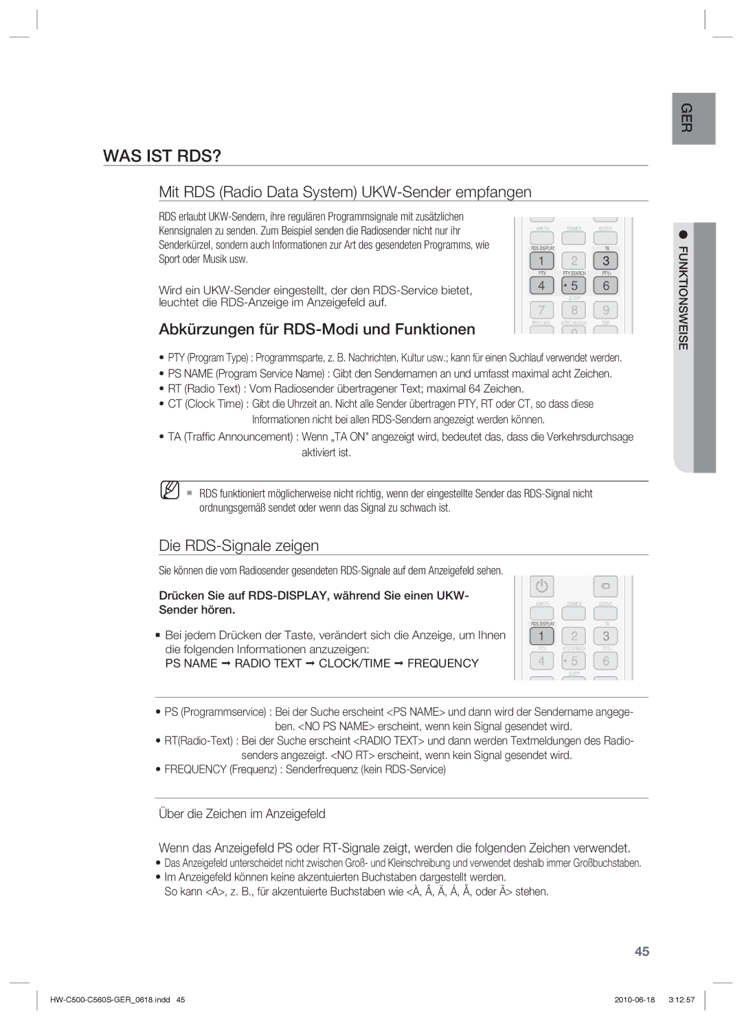 Samsung HW-C500/EDC Was Ist Rds?, Mit RDS Radio Data System UKW-Sender empfangen, Abkürzungen für RDS-Modi und Funktionen 