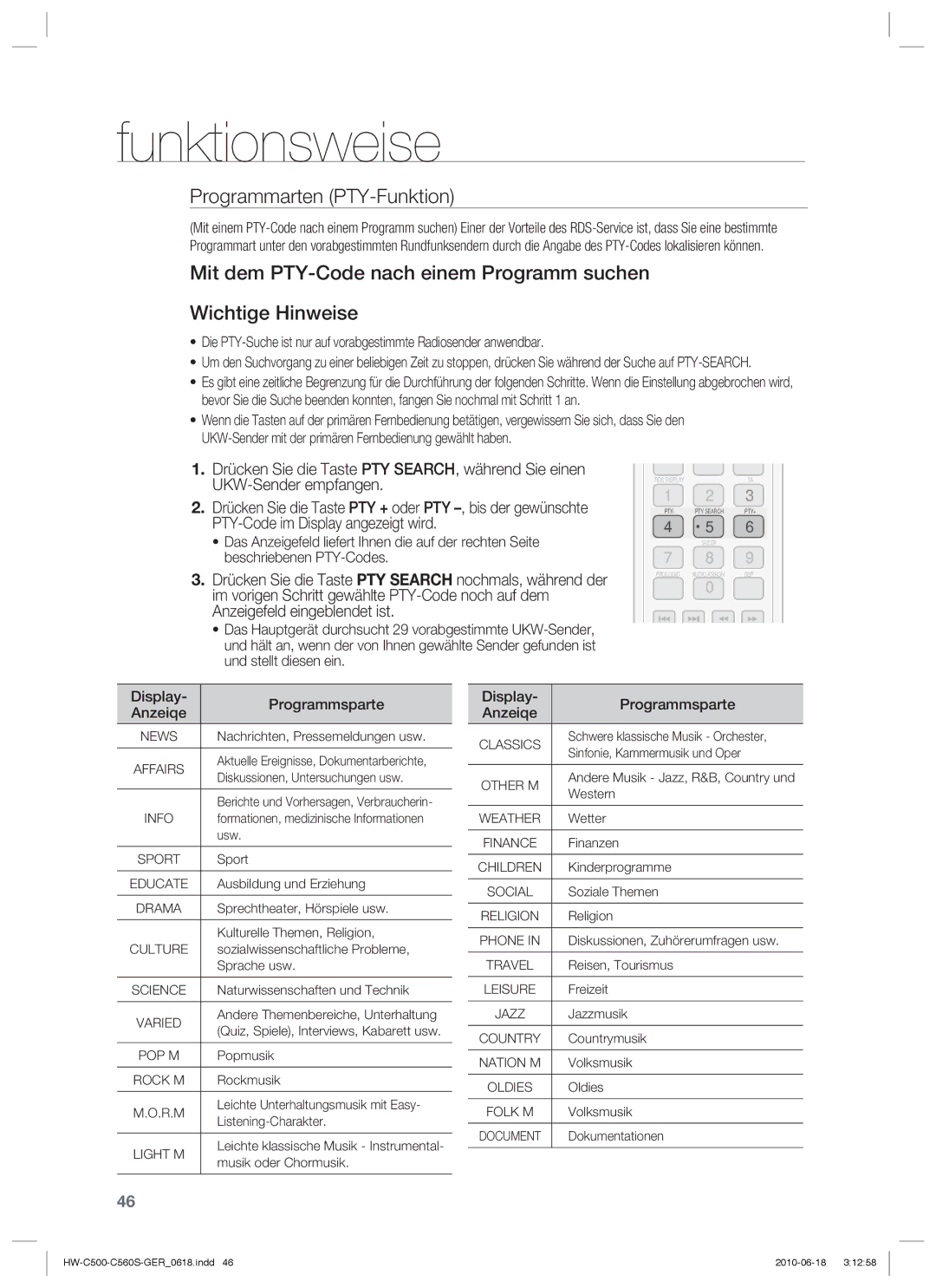 Samsung HW-C560S/XEN, HW-C560S/EDC, HW-C500/EDC, HW-C500/XEN manual Programmarten PTY-Funktion, Display Programmsparte Anzeiqe 