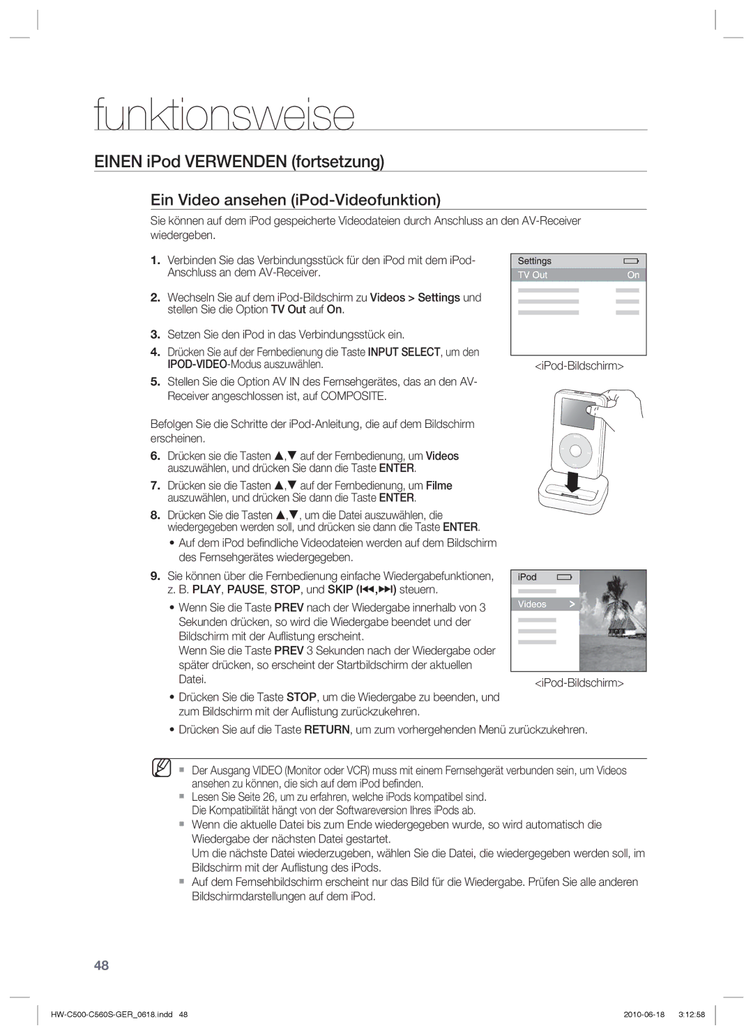 Samsung HW-C560S/EDC, HW-C500/EDC, HW-C560S/XEN manual Einen iPod Verwenden fortsetzung, Ein Video ansehen iPod-Videofunktion 