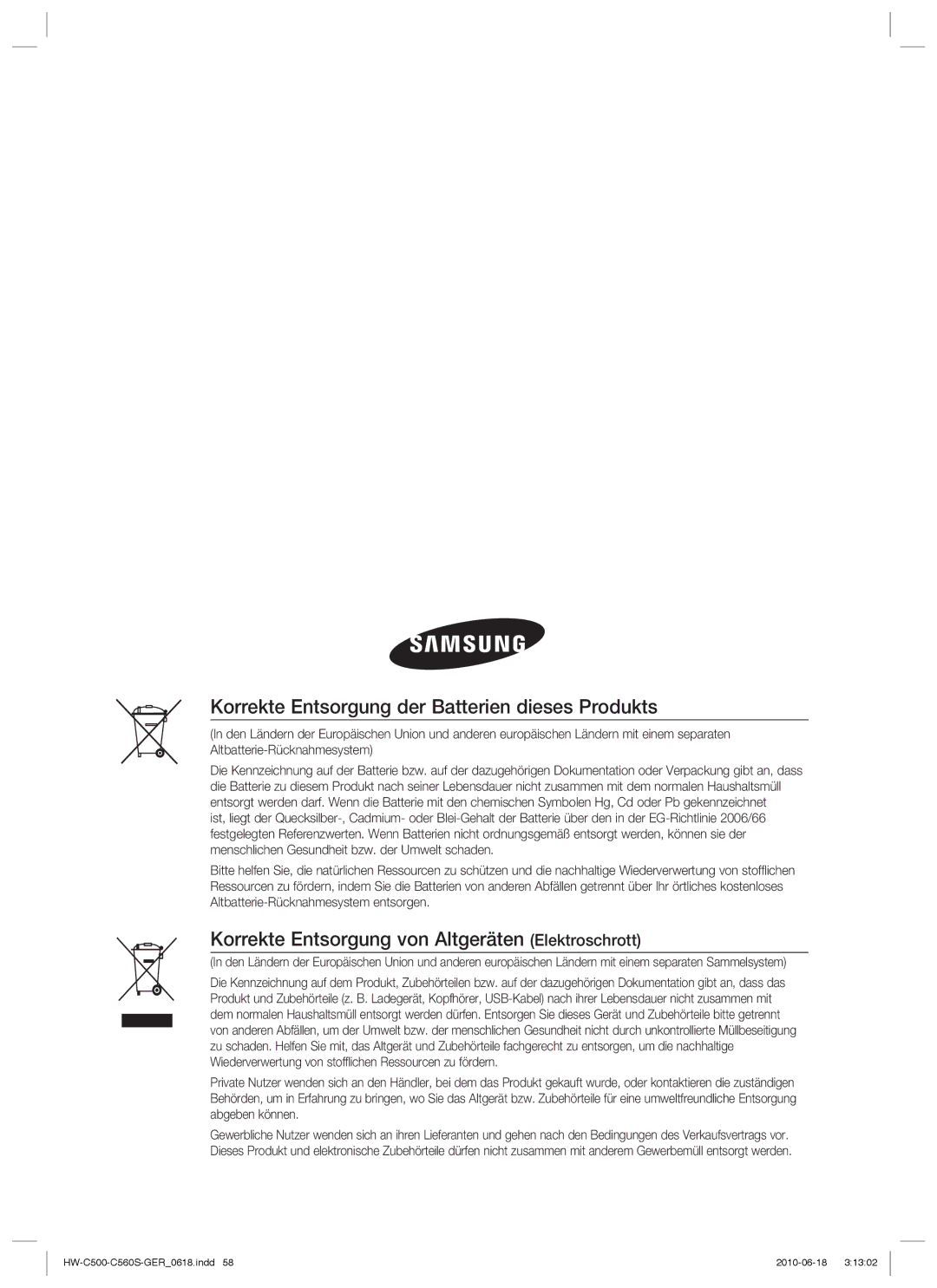 Samsung HW-C560S/XEN Korrekte Entsorgung der Batterien dieses Produkts, Korrekte Entsorgung von Altgeräten Elektroschrott 