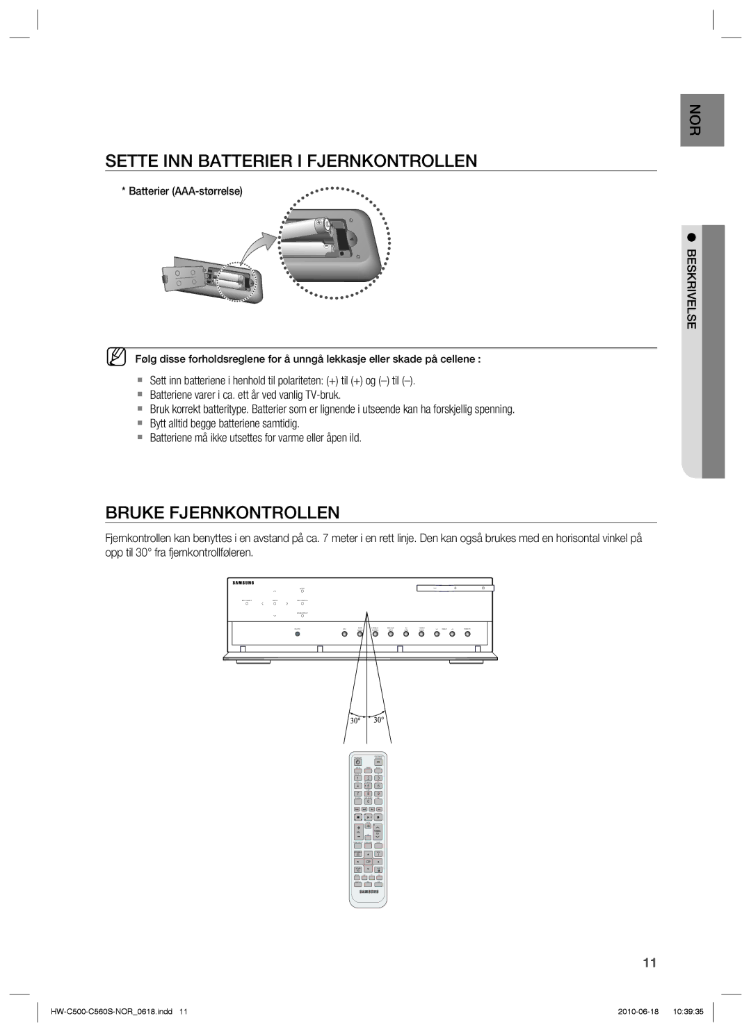 Samsung HW-C500/XEE, HW-C560S/XEE manual Sette INN Batterier I Fjernkontrollen, Bruke Fjernkontrollen 