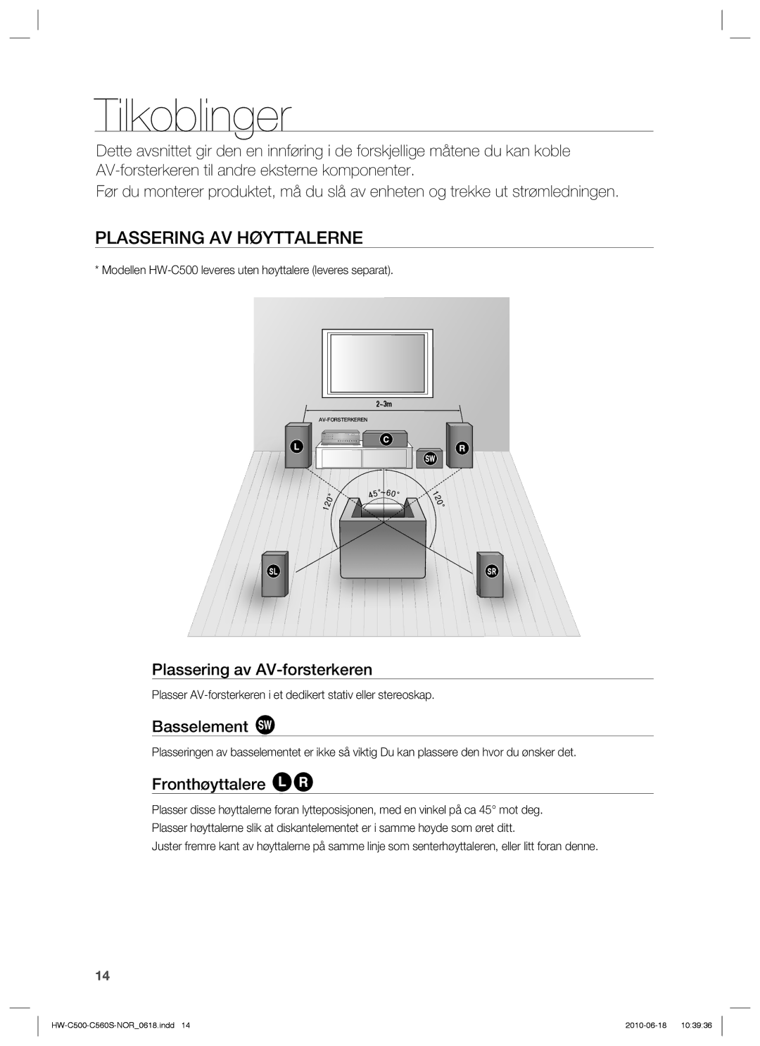 Samsung HW-C560S/XEE Tilkoblinger, Plassering AV Høyttalerne, Plassering av AV-forsterkeren, Basselement, Fronthøyttalere 