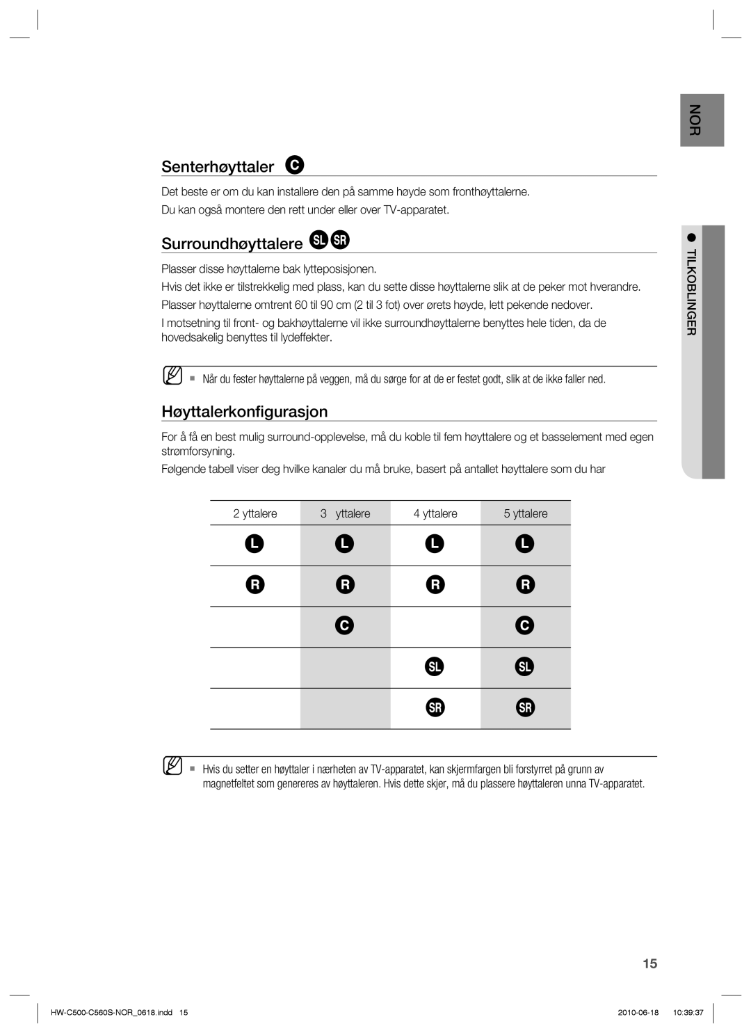 Samsung HW-C500/XEE, HW-C560S/XEE manual Senterhøyttaler, Surroundhøyttalere, Høyttalerkonﬁgurasjon, Tilkoblinger 