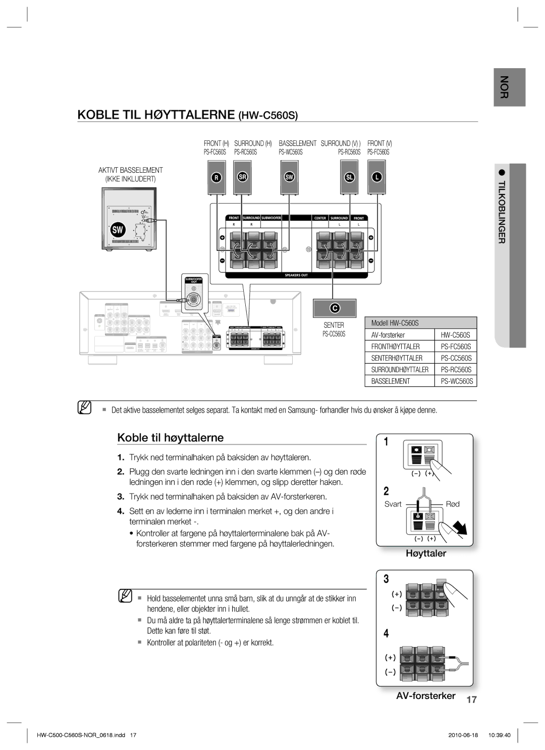 Samsung HW-C500/XEE, HW-C560S/XEE manual Koble TIL Høyttalerne HW-C560S, Senter PS-CC560S 