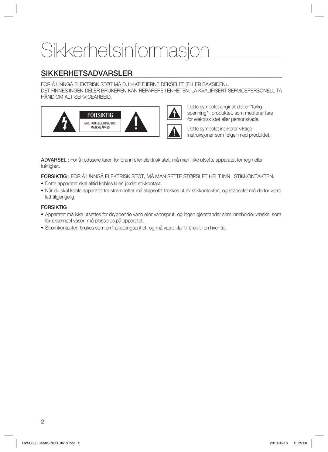 Samsung HW-C560S/XEE, HW-C500/XEE manual Sikkerhetsinformasjon, Sikkerhetsadvarsler, Forsiktig 