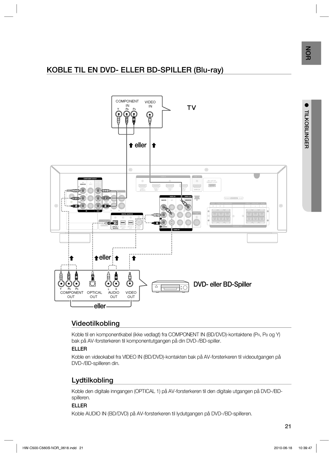 Samsung HW-C500/XEE, HW-C560S/XEE Koble TIL EN DVD- Eller BD-SPILLER Blu-ray, Eller Videotilkobling DVD- eller BD-Spiller 