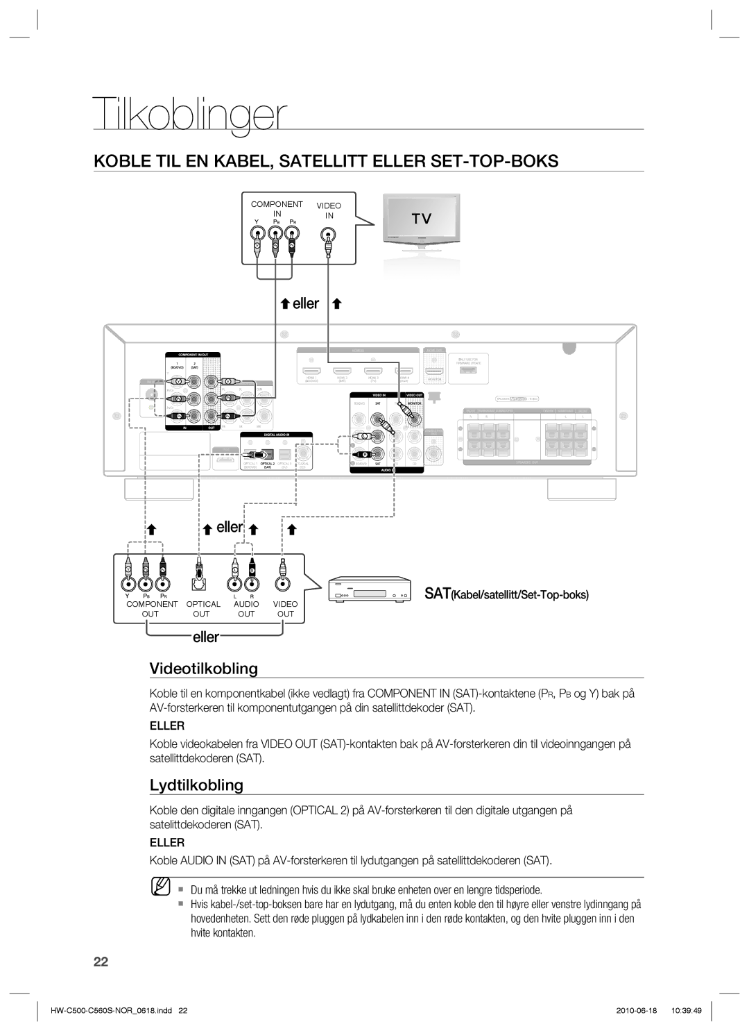 Samsung HW-C560S/XEE, HW-C500/XEE manual Koble TIL EN KABEL, Satellitt Eller SET-TOP-BOKS, Eller Videotilkobling 