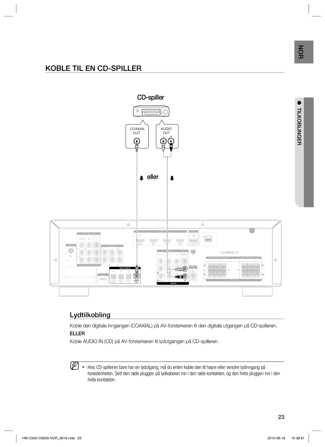 Samsung HW-C500/XEE, HW-C560S/XEE manual Koble TIL EN CD-SPILLER, CD-spiller 