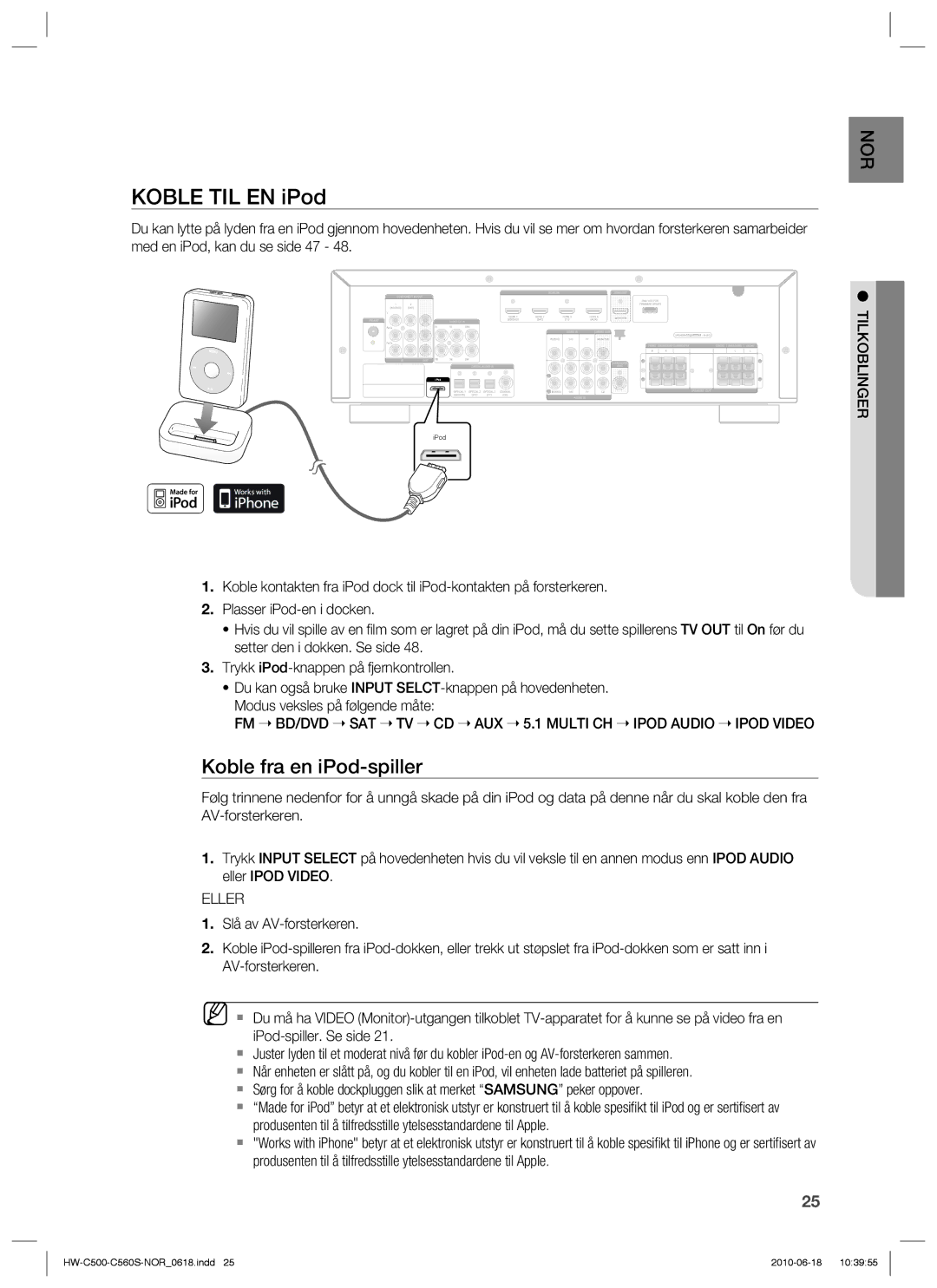 Samsung HW-C500/XEE, HW-C560S/XEE manual Koble TIL EN iPod, Koble fra en iPod-spiller 