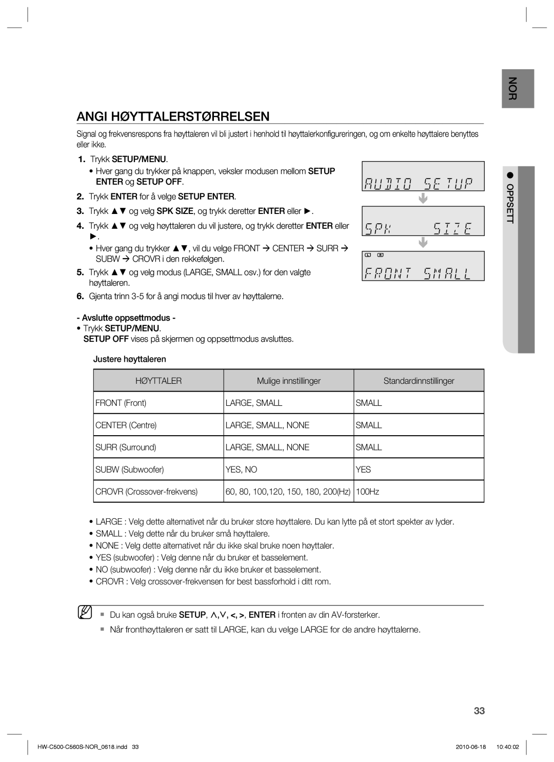 Samsung HW-C500/XEE, HW-C560S/XEE manual Angi Høyttalerstørrelsen, LARGE, Small, LARGE, SMALL, None Small, YES, no 